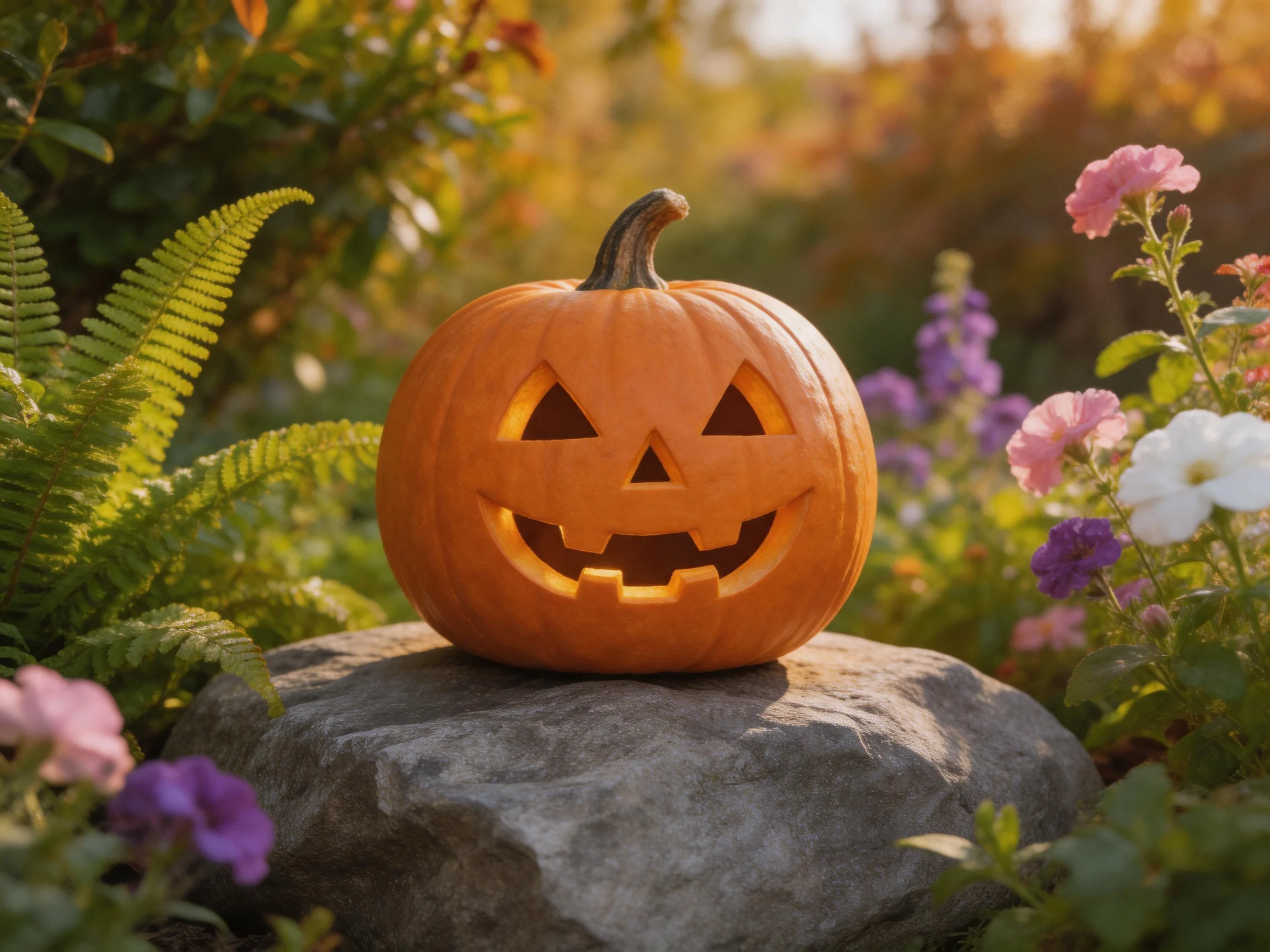 A carved jack-o-lantern sits atop a large gray rock among colorful flowers and ferns.