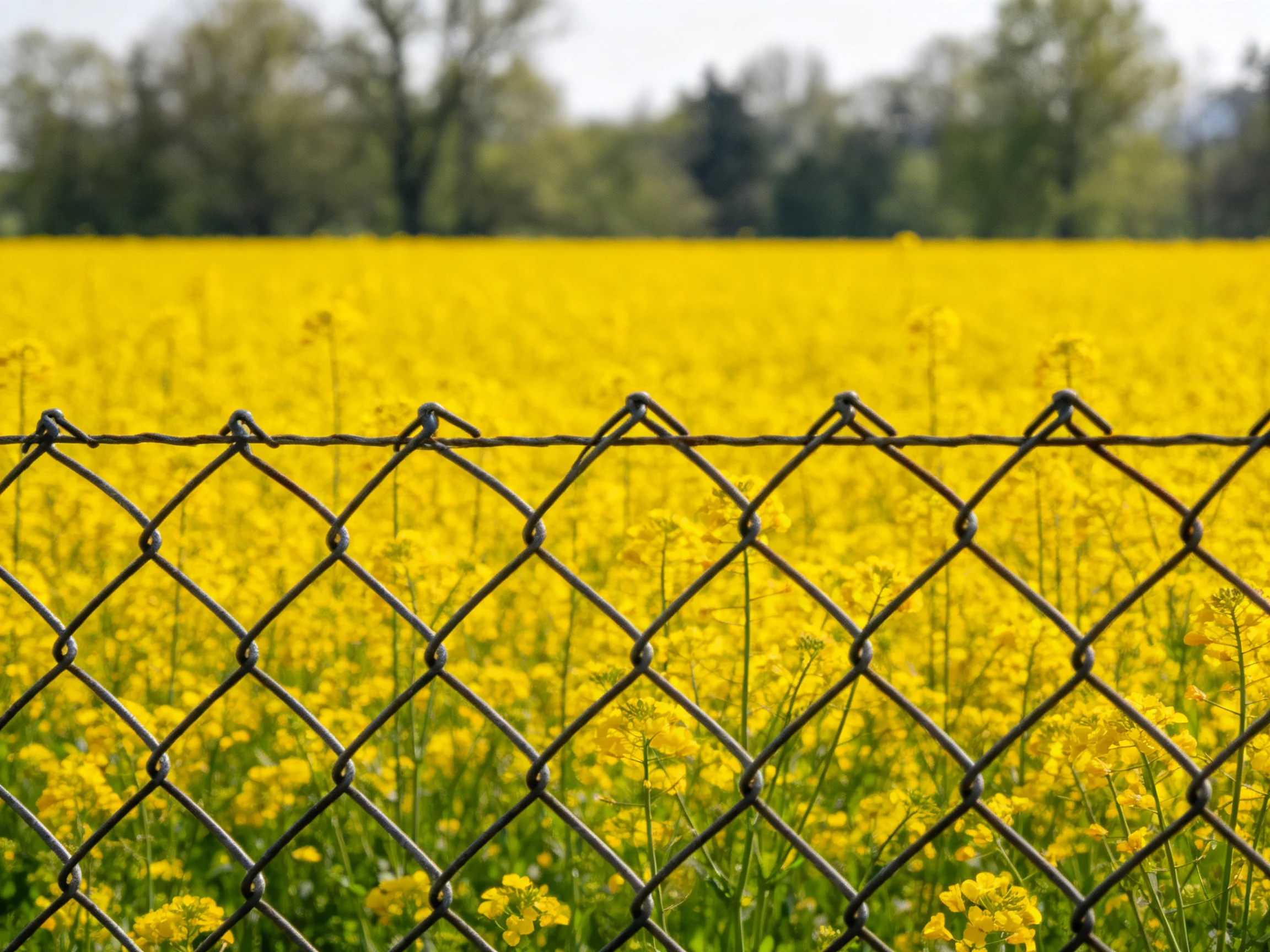 A chain-link fence separates a vibrant yellow flower field from distant green trees