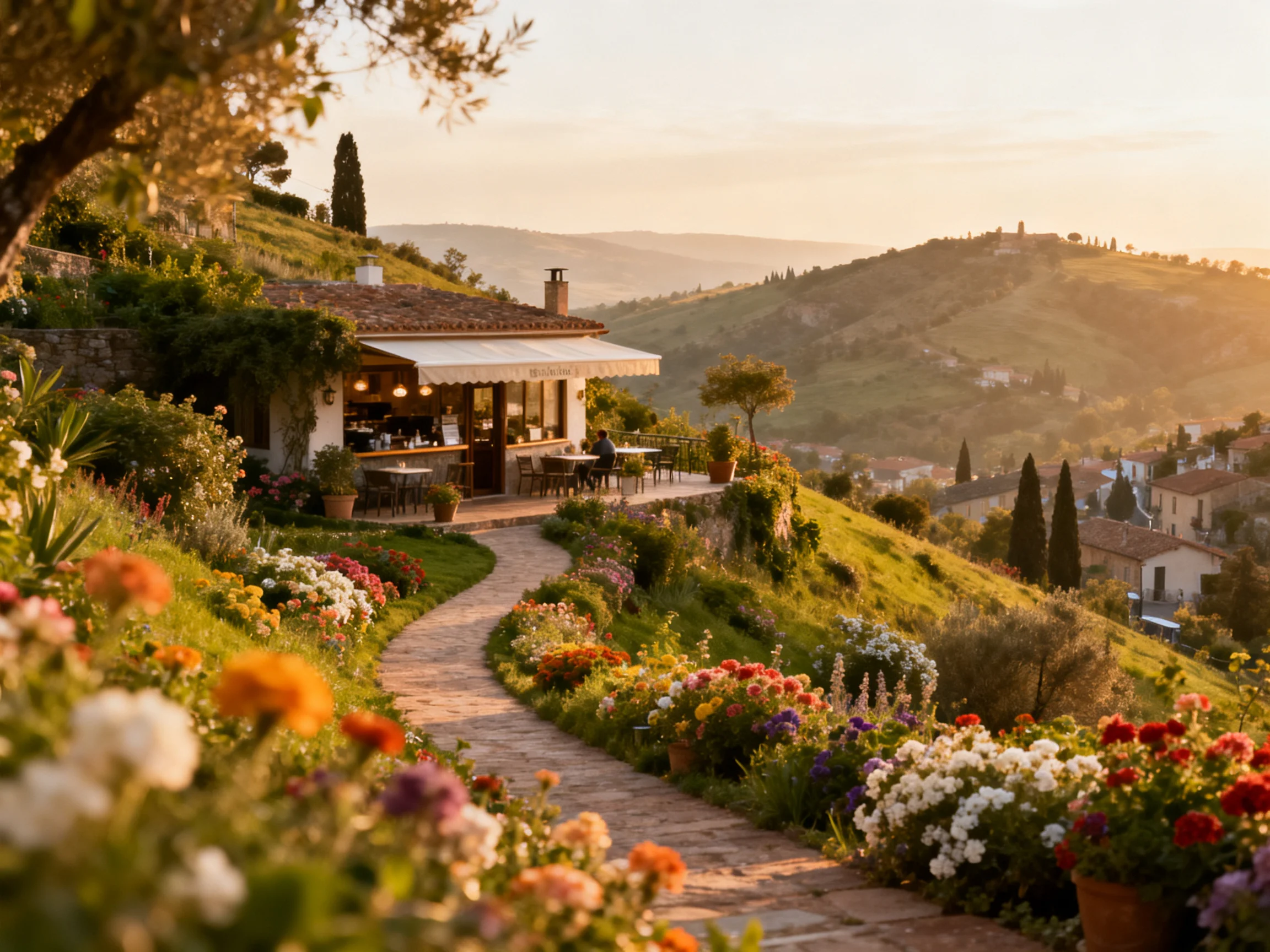 A charming cottage amid vibrant flowers and rolling hills