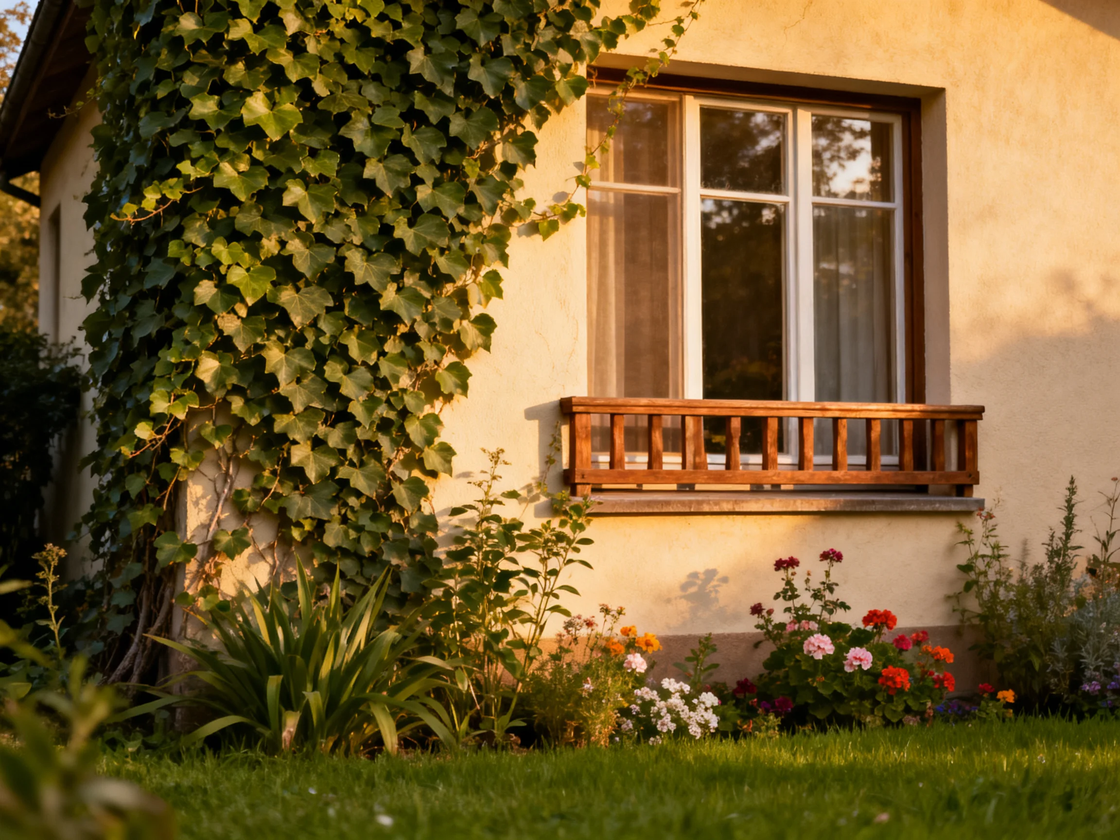 A charming house with ivy - covered walls and vibrant flower beds
