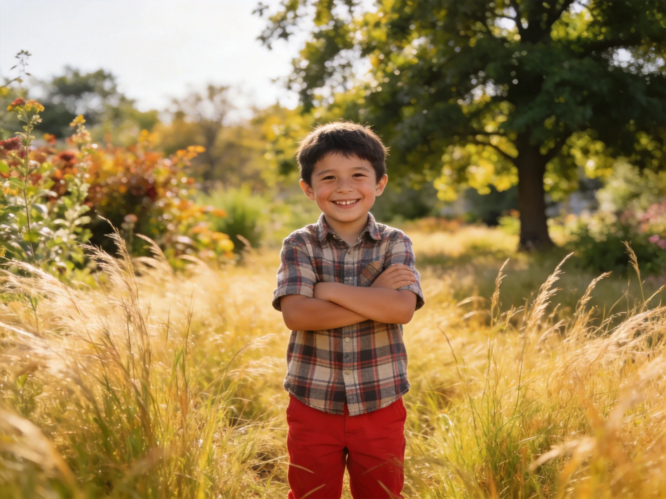 A cheerful boy stands amid golden grasses near a large tree