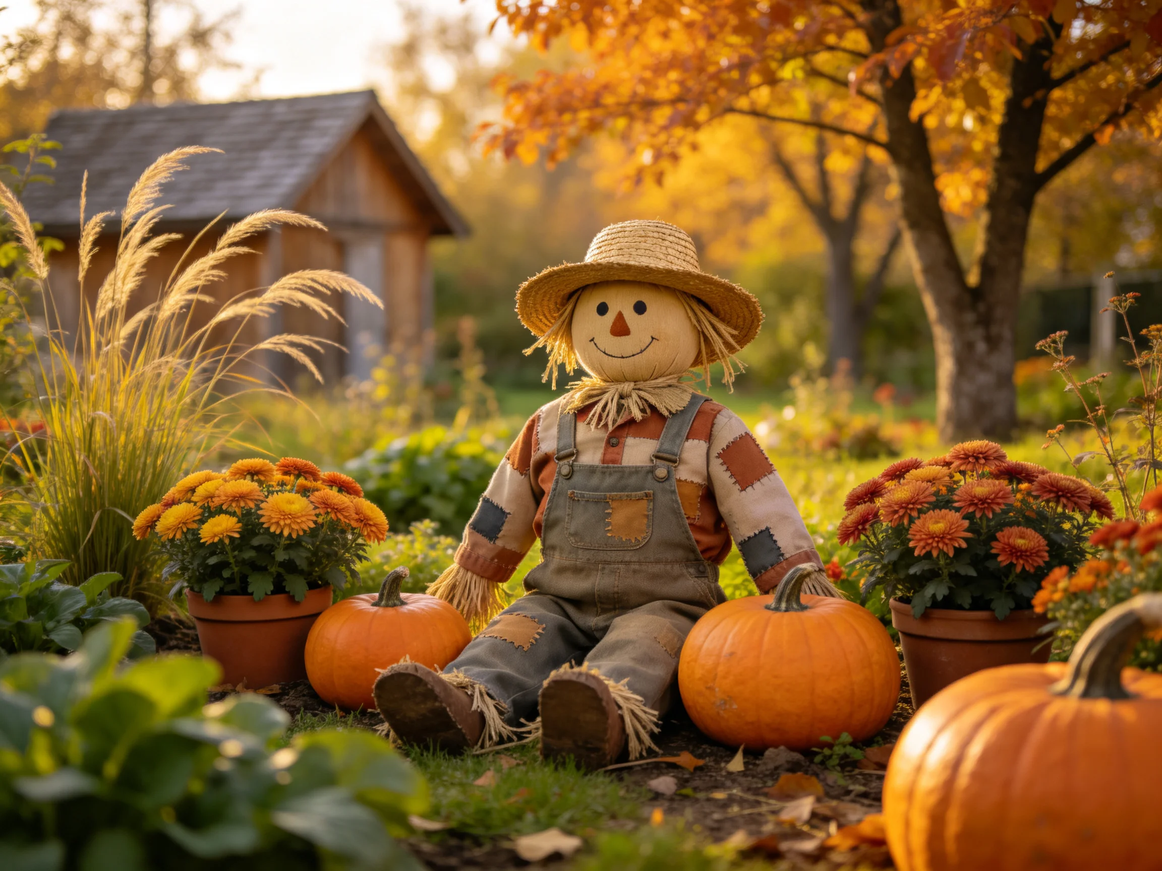 A cheerful scarecrow with pumpkins and mums in autumn
