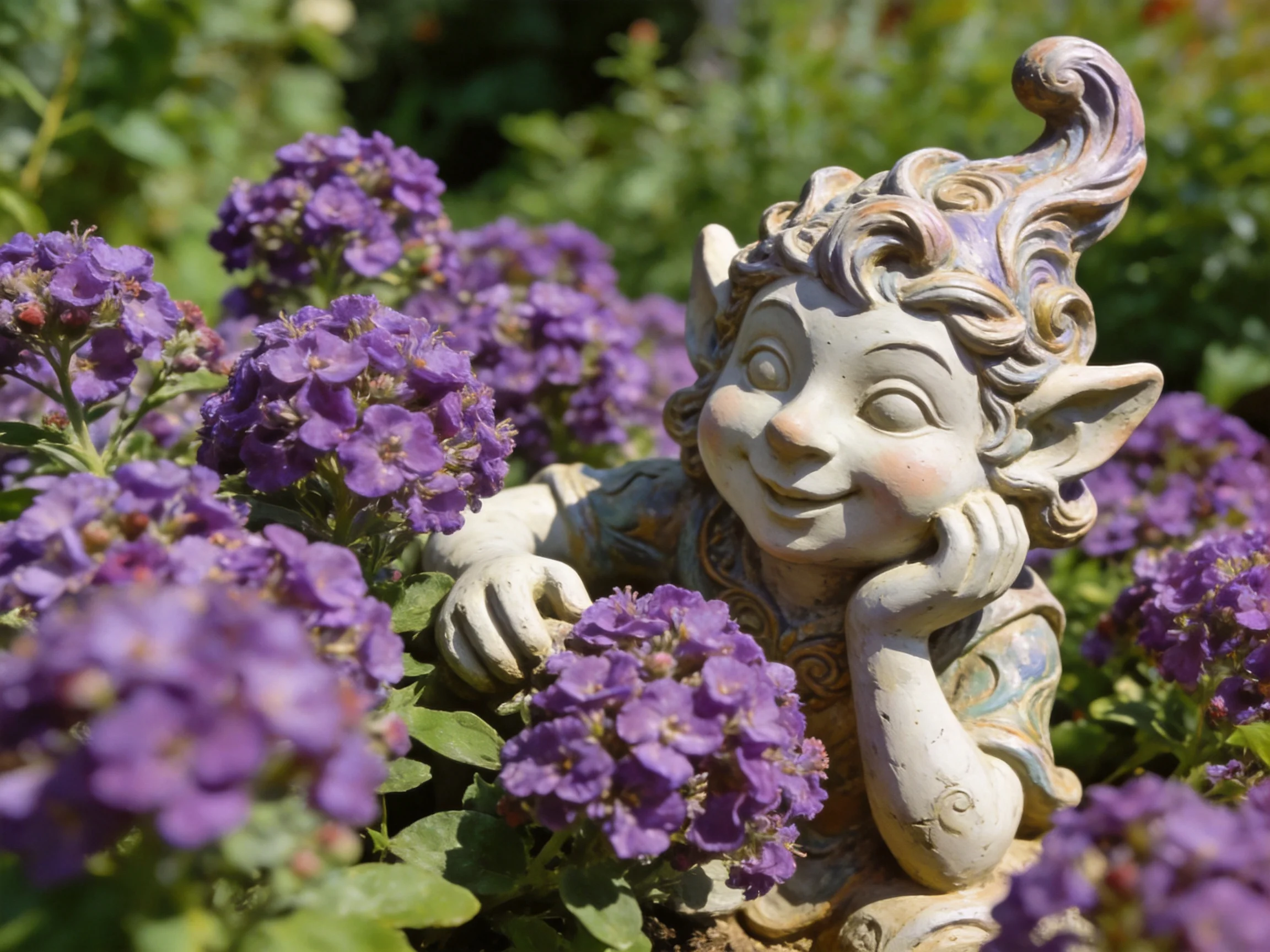 A cheerful stone figurine amid lush purple blooms in a sunny garden