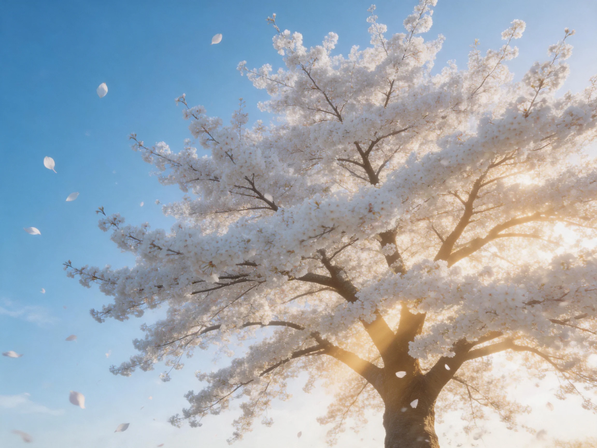 A cherry blossom tree with abundant white blooms under a clear blue sky