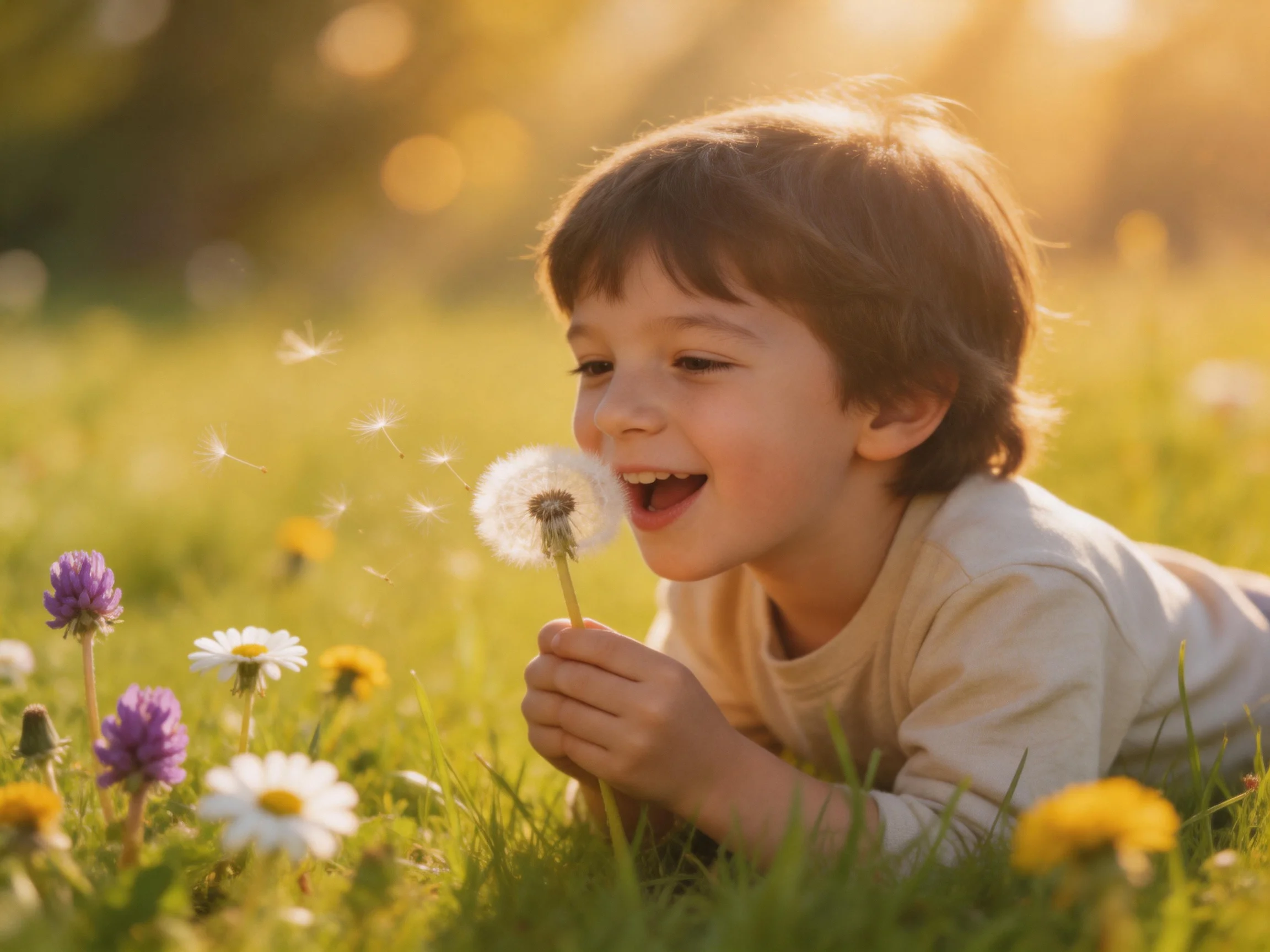 A child blowing a dandelion among colorful wildflowers in a sunlit meadow