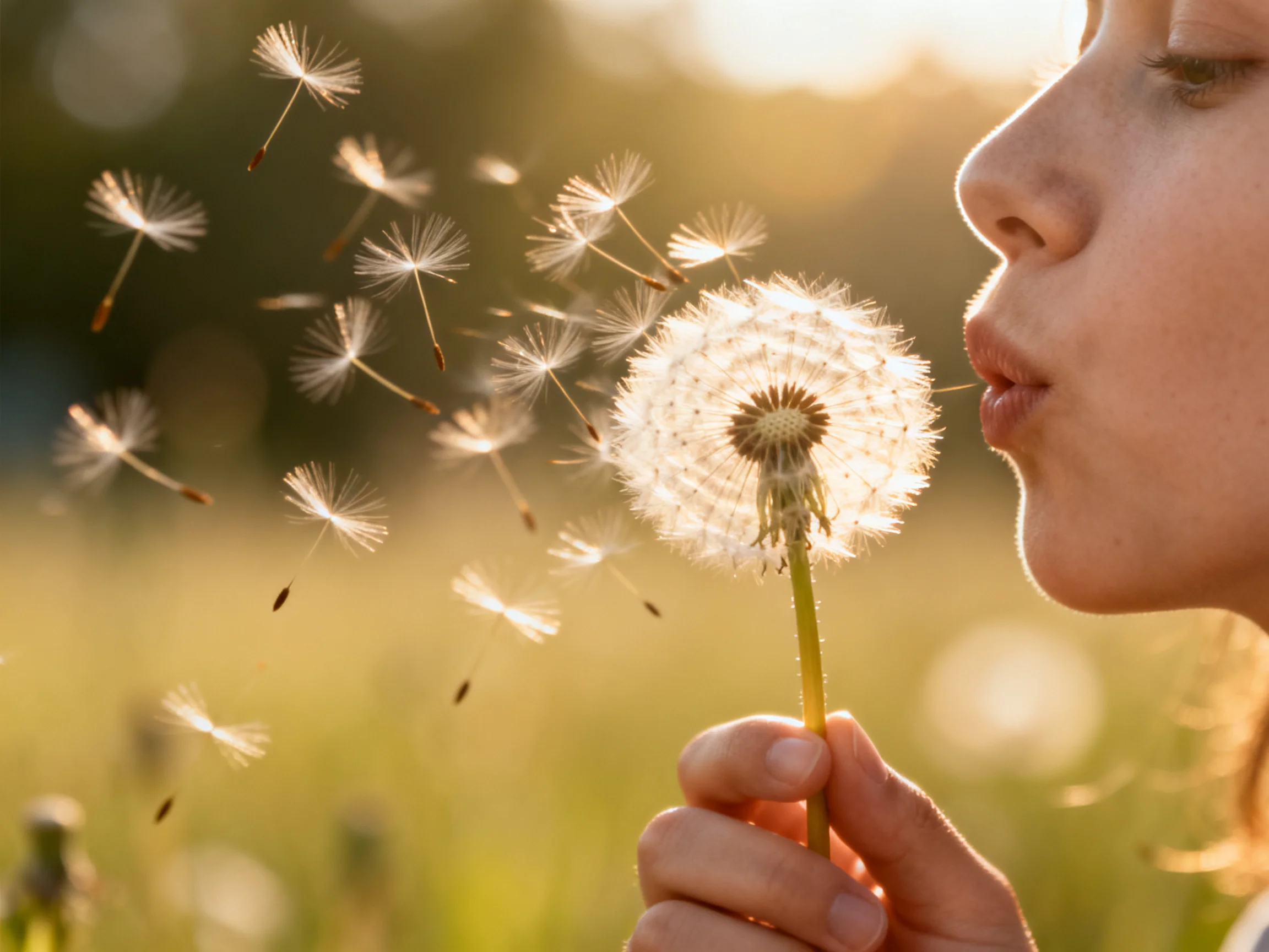 A child blows a glowing dandelion seed head in golden sunlight