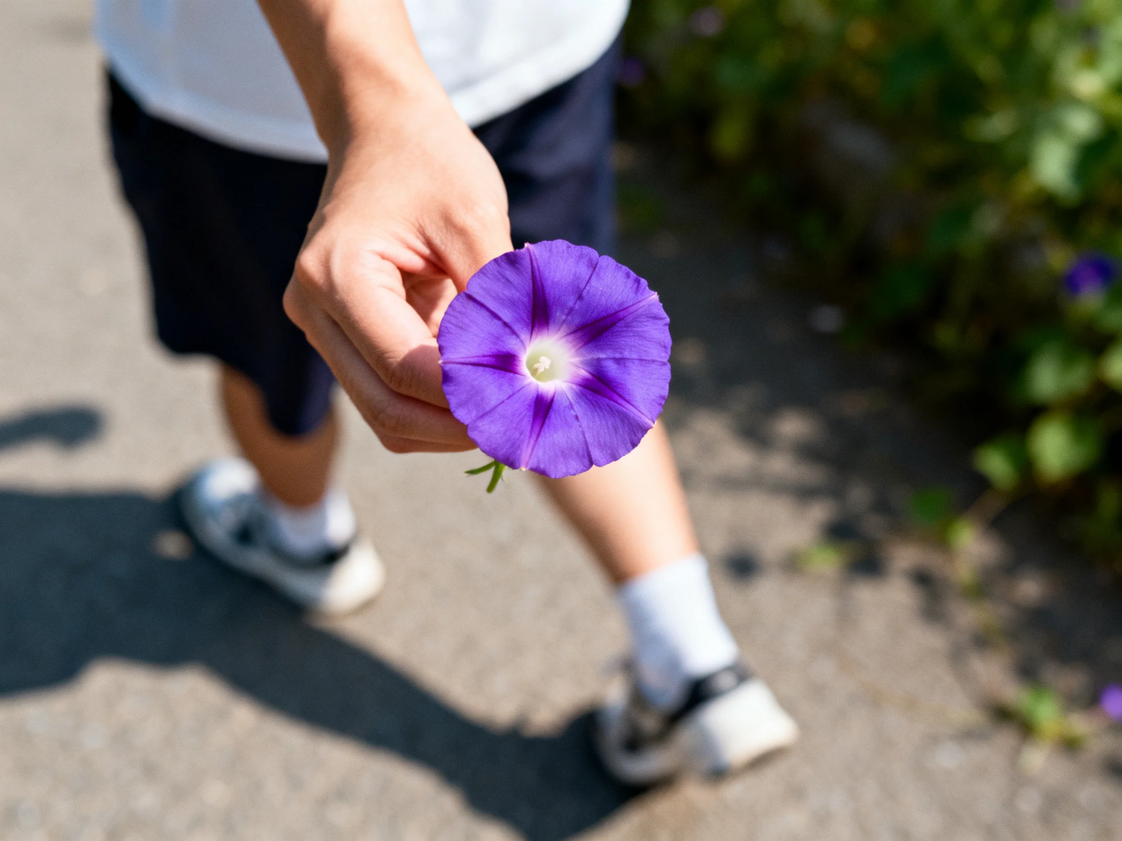 A child presenting a vibrant purple morning glory flower outdoors