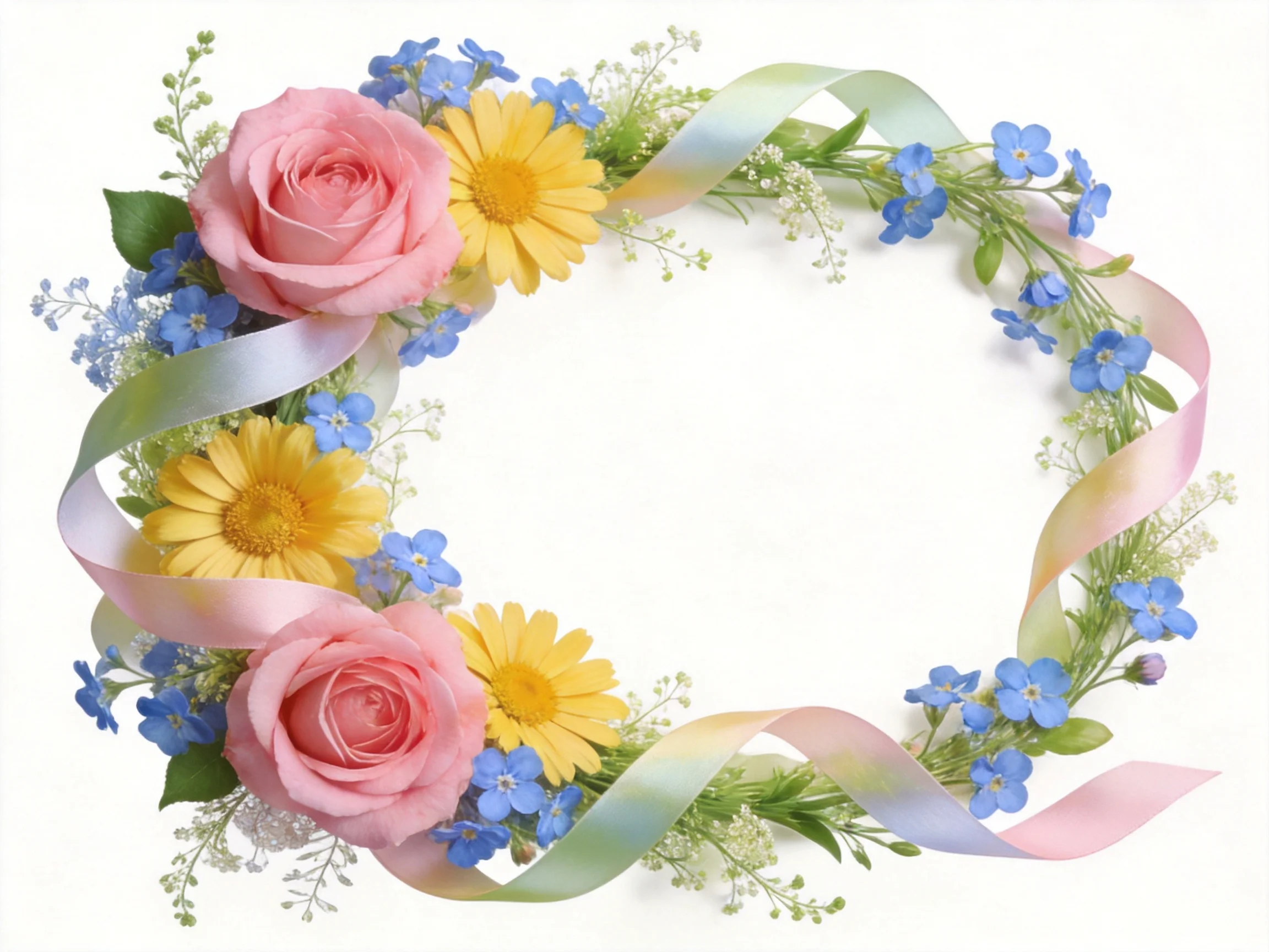 A circular floral wreath with pink roses, yellow daisies, blue flowers, and pastel ribbons
