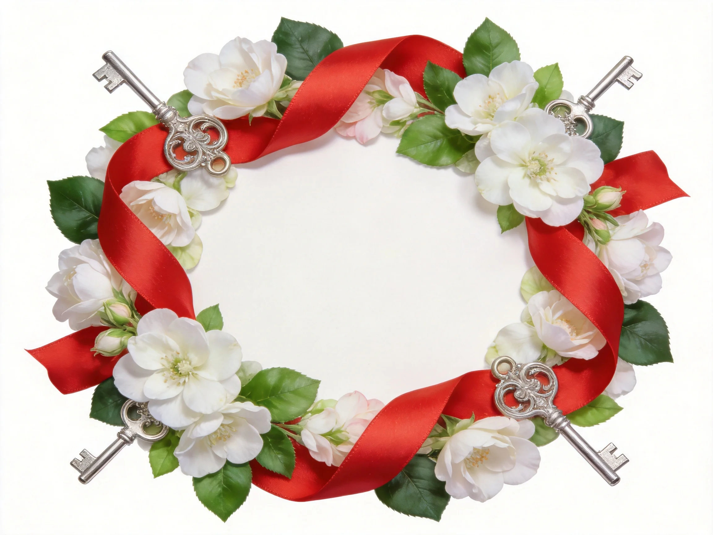 A circular floral wreath with red ribbon and silver ornate keys