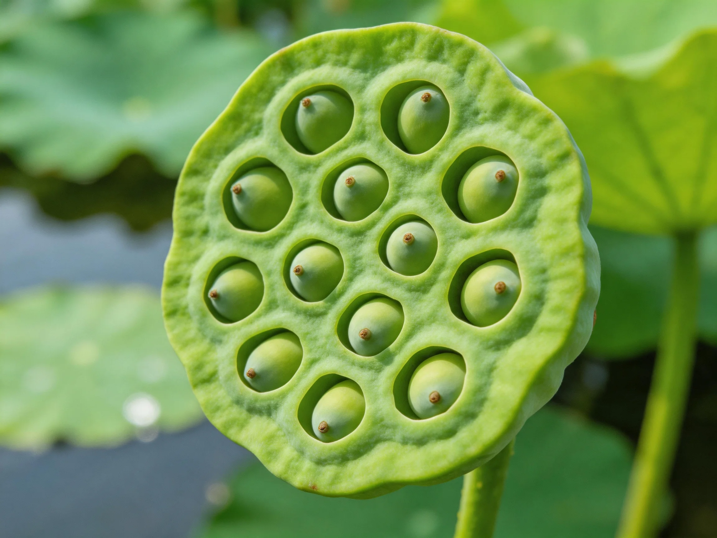 A circular green lotus pod with numerous small seeds