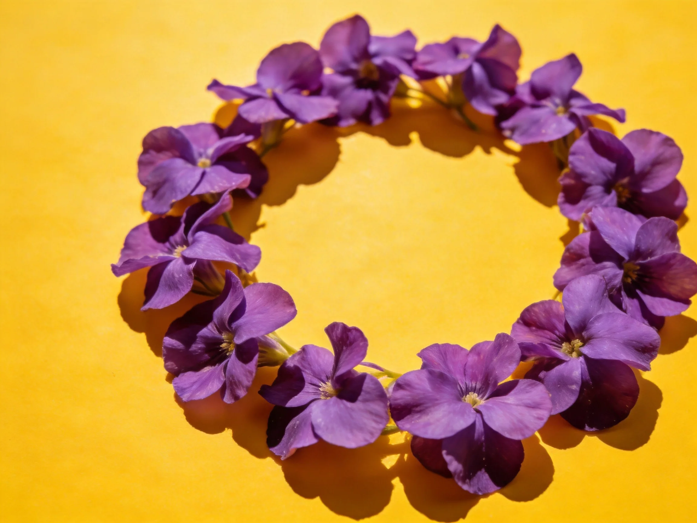 A circular wreath of purple flowers on a bright yellow surface