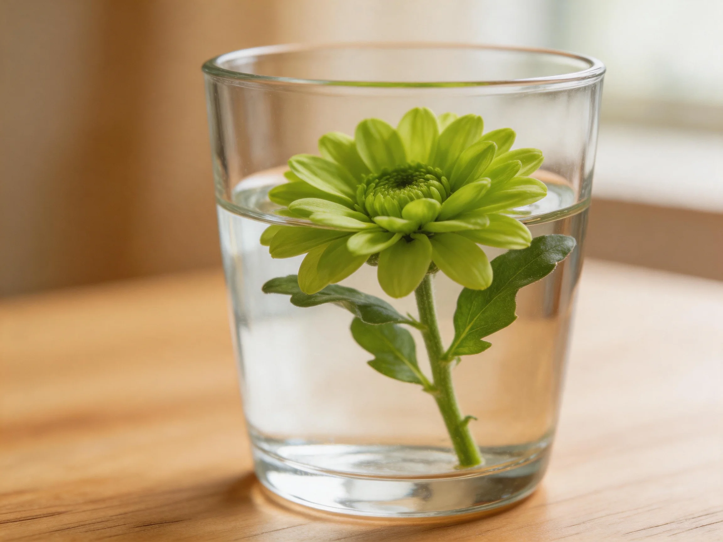 A clear glass of water holds a single bright green chrysanthemum