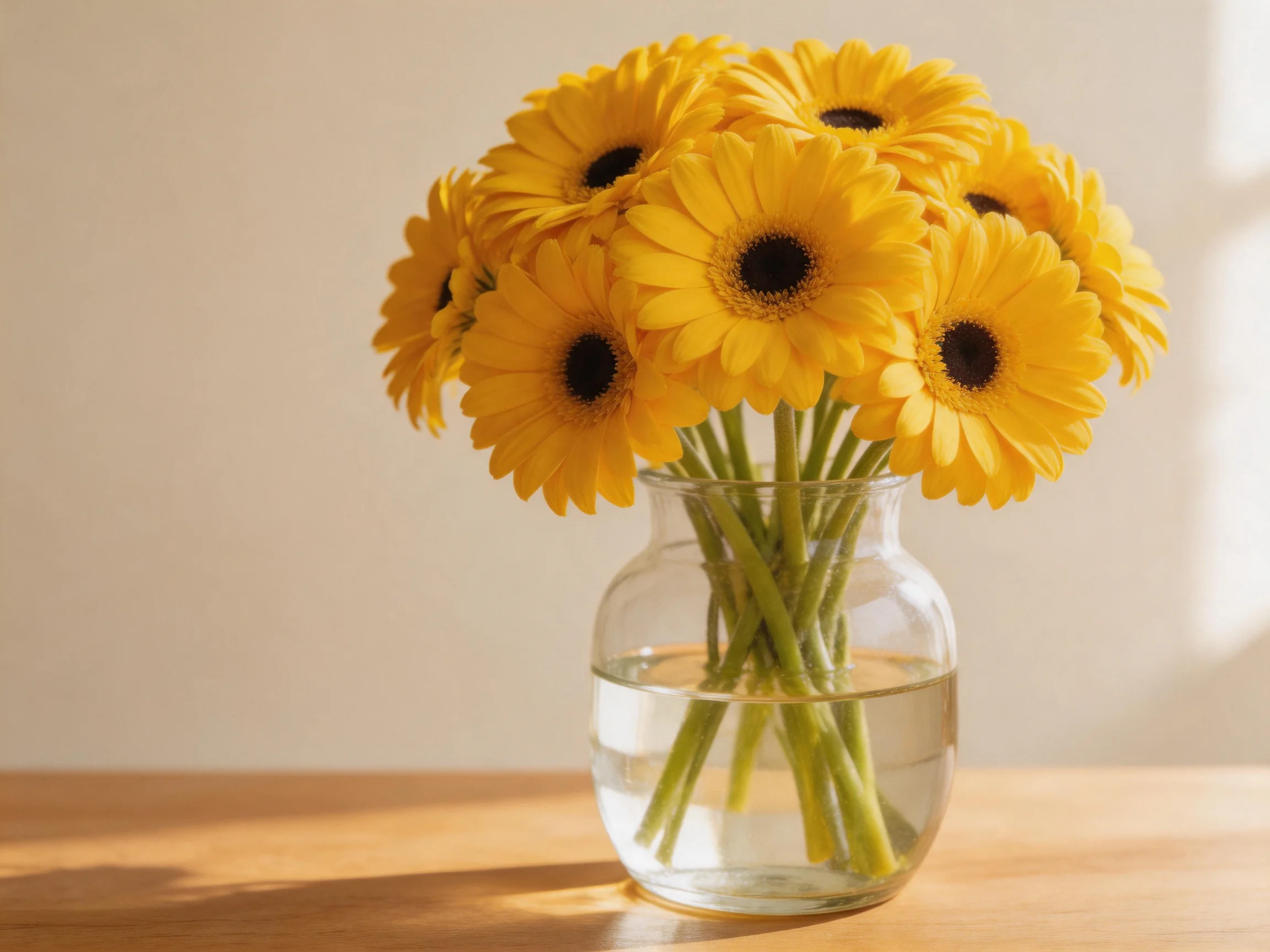 A clear glass vase holds a bouquet of bright yellow gerbera daisies