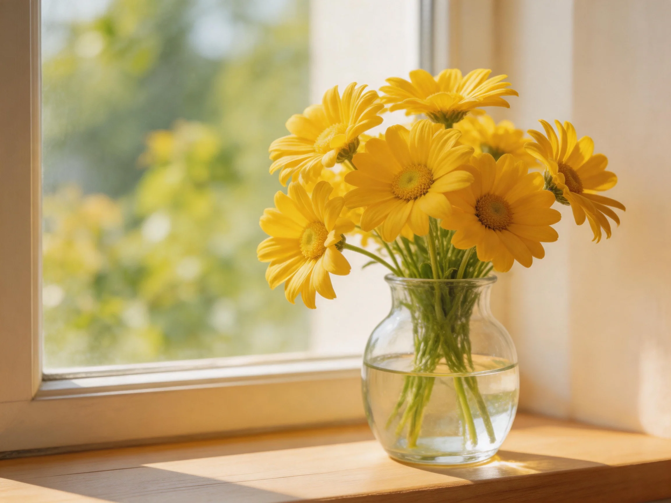 A clear glass vase holds bright yellow daisies by a sunlit window