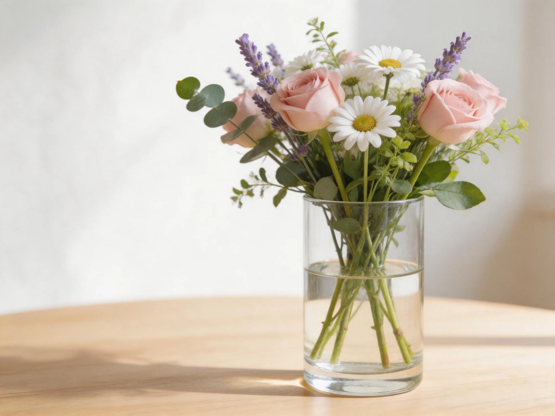 A clear glass vase holds pink roses, white daisies, and lavender blooms.