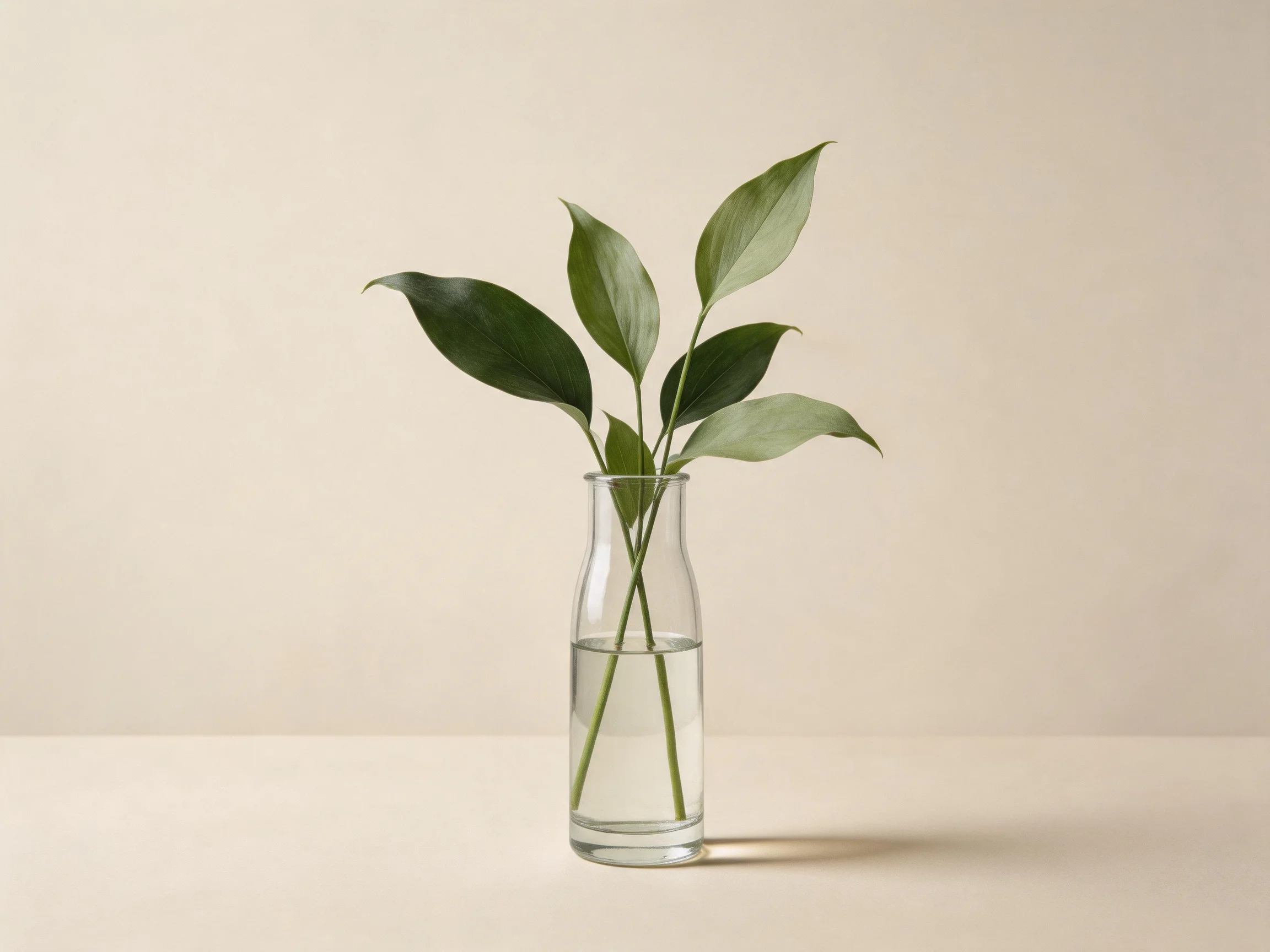 A clear glass vase holds several green leafy stems with water