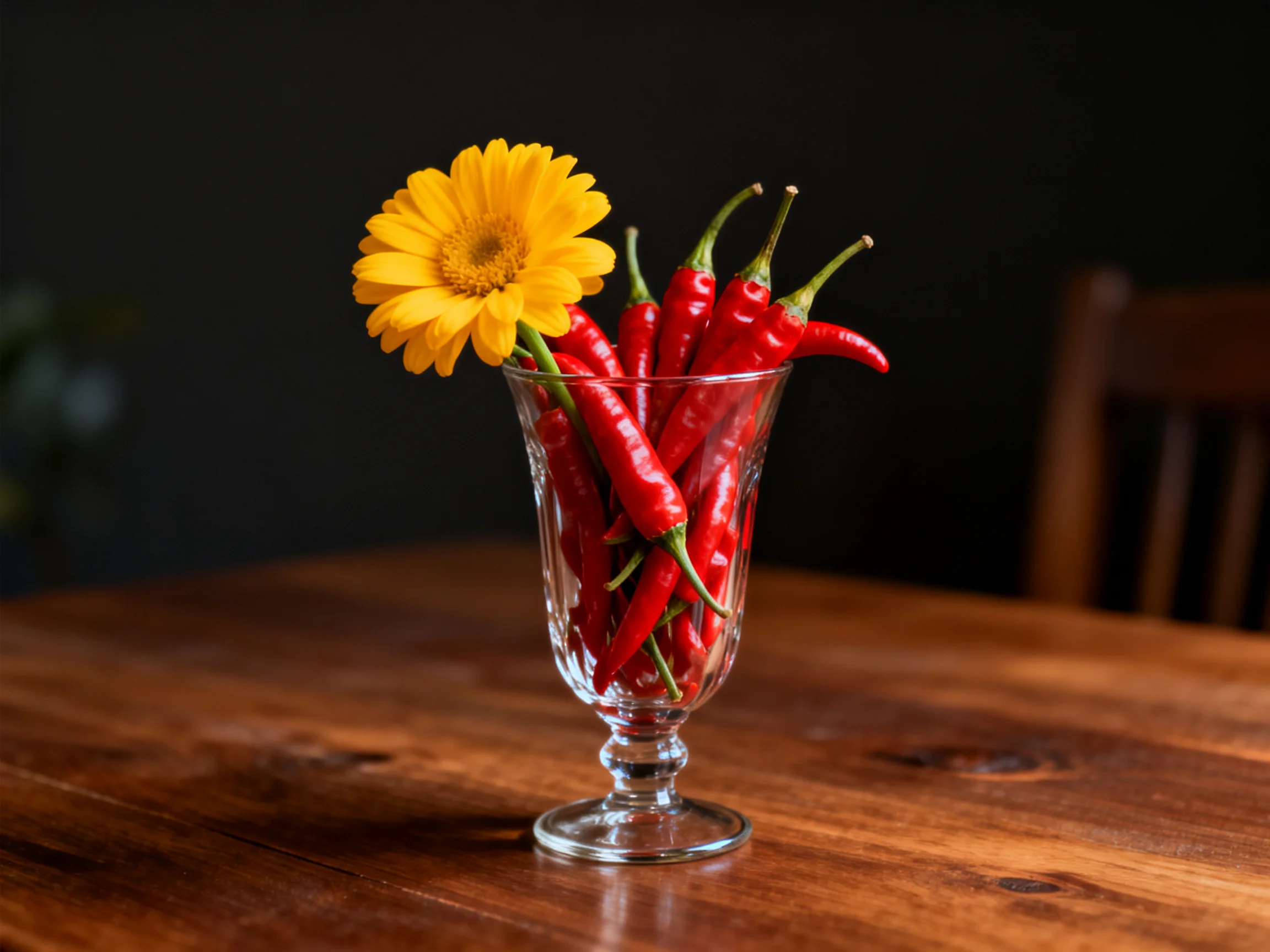 A clear glass vase holds vibrant red chilies and a bright yellow flower