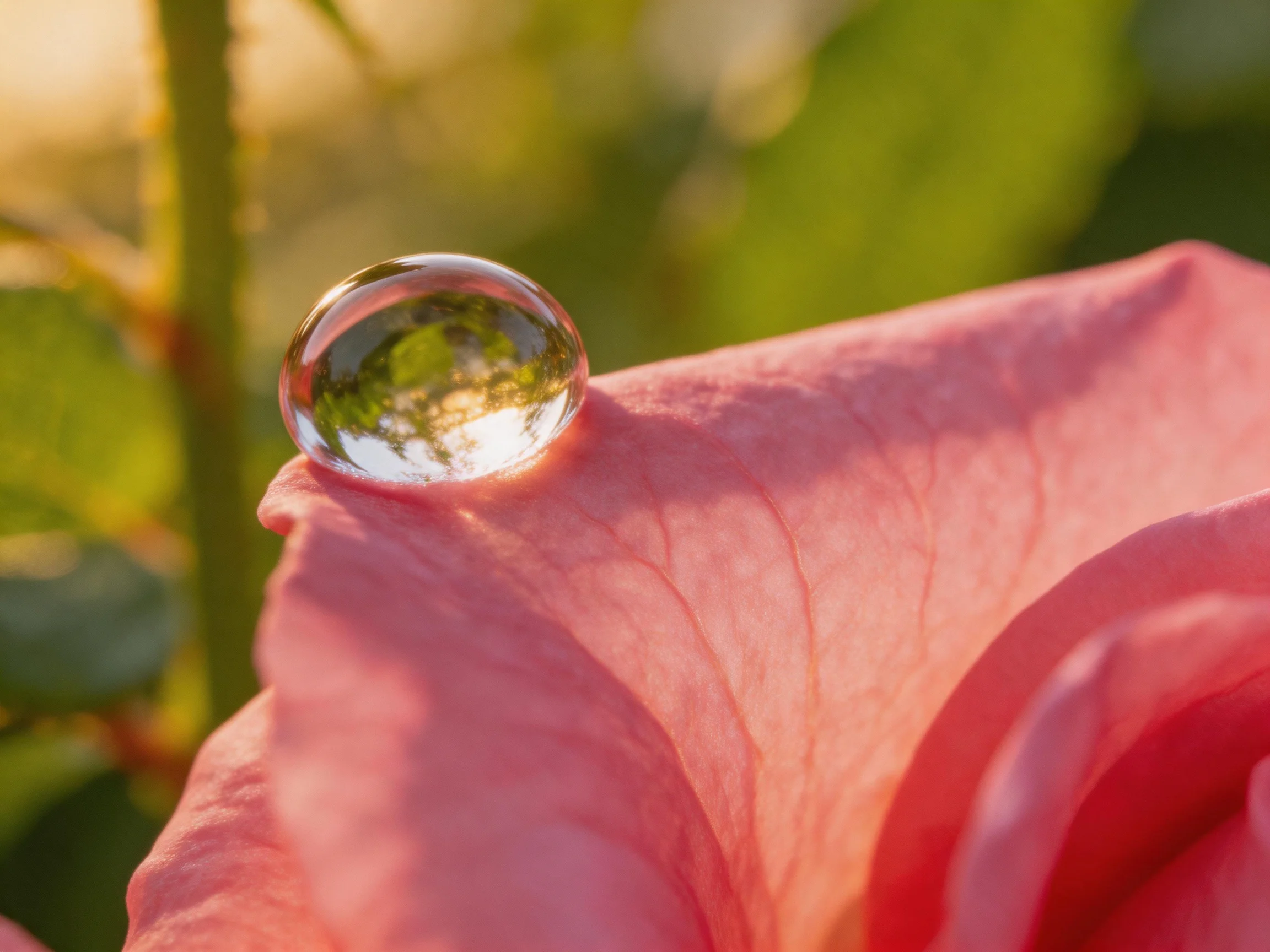 A clear water droplet perched on a soft pink rose petal
