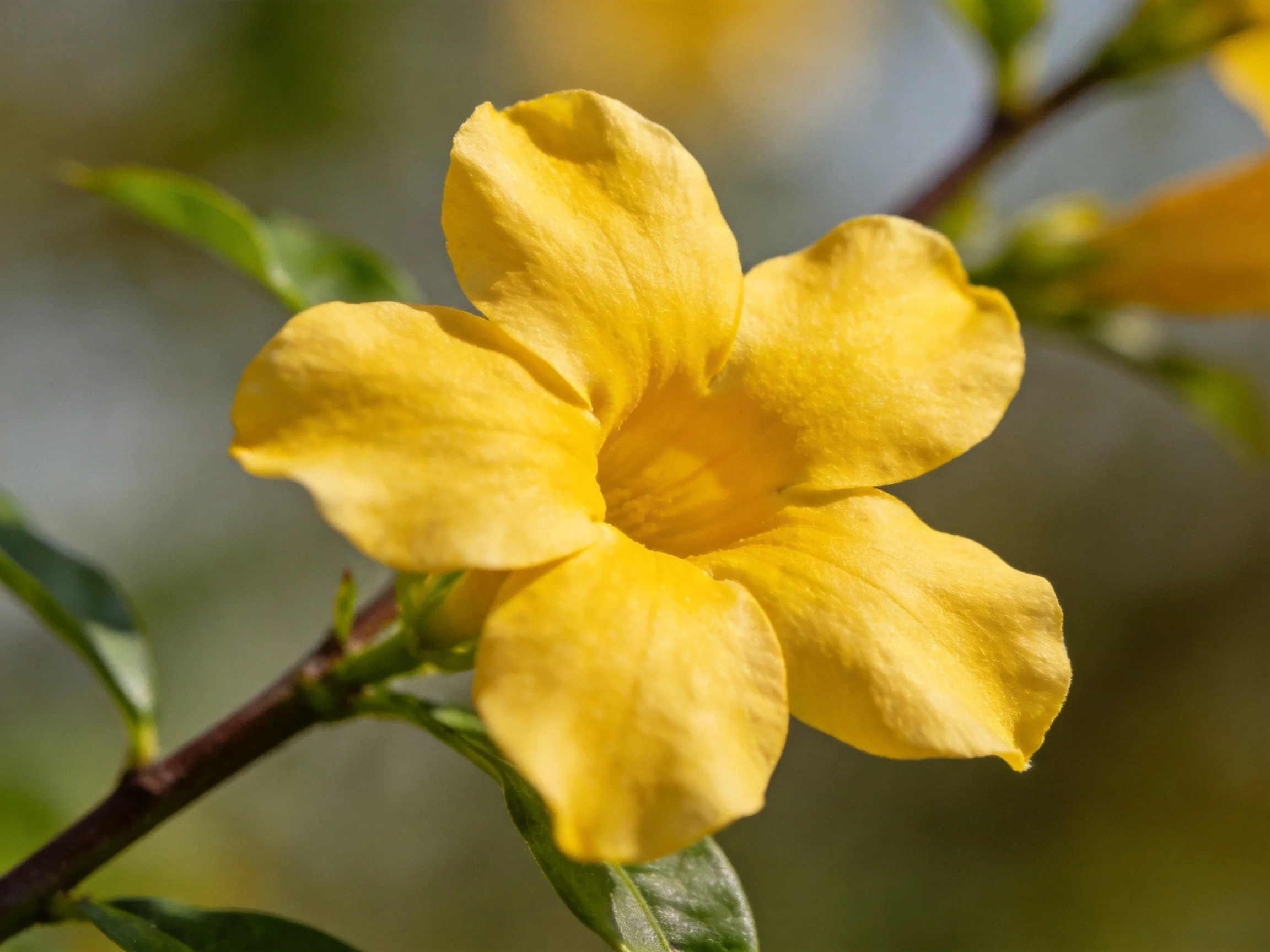 A close - up of a bright yellow flower on a dark brown branch