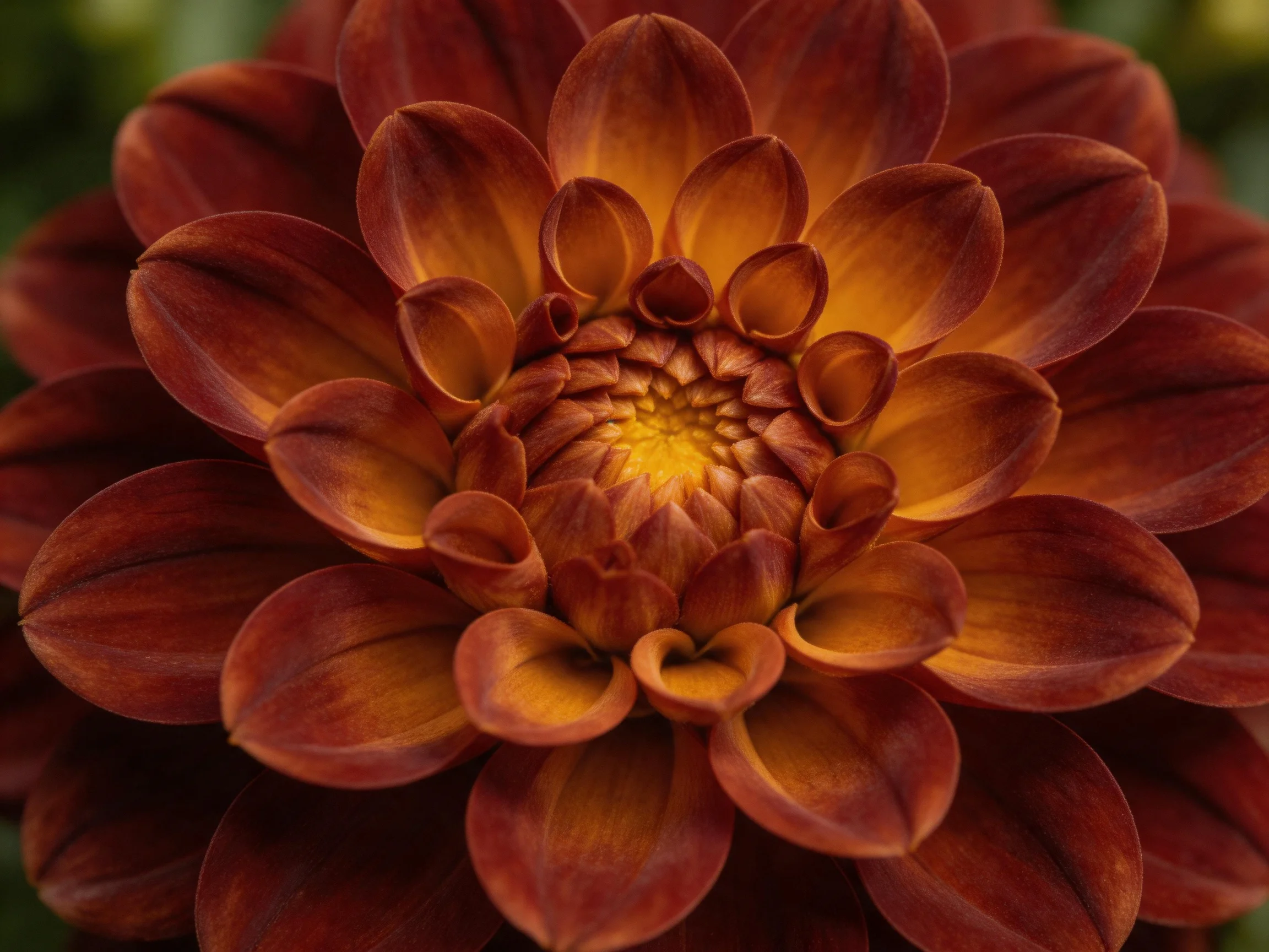 A close-up of a brown-orange dahlia with layered petals