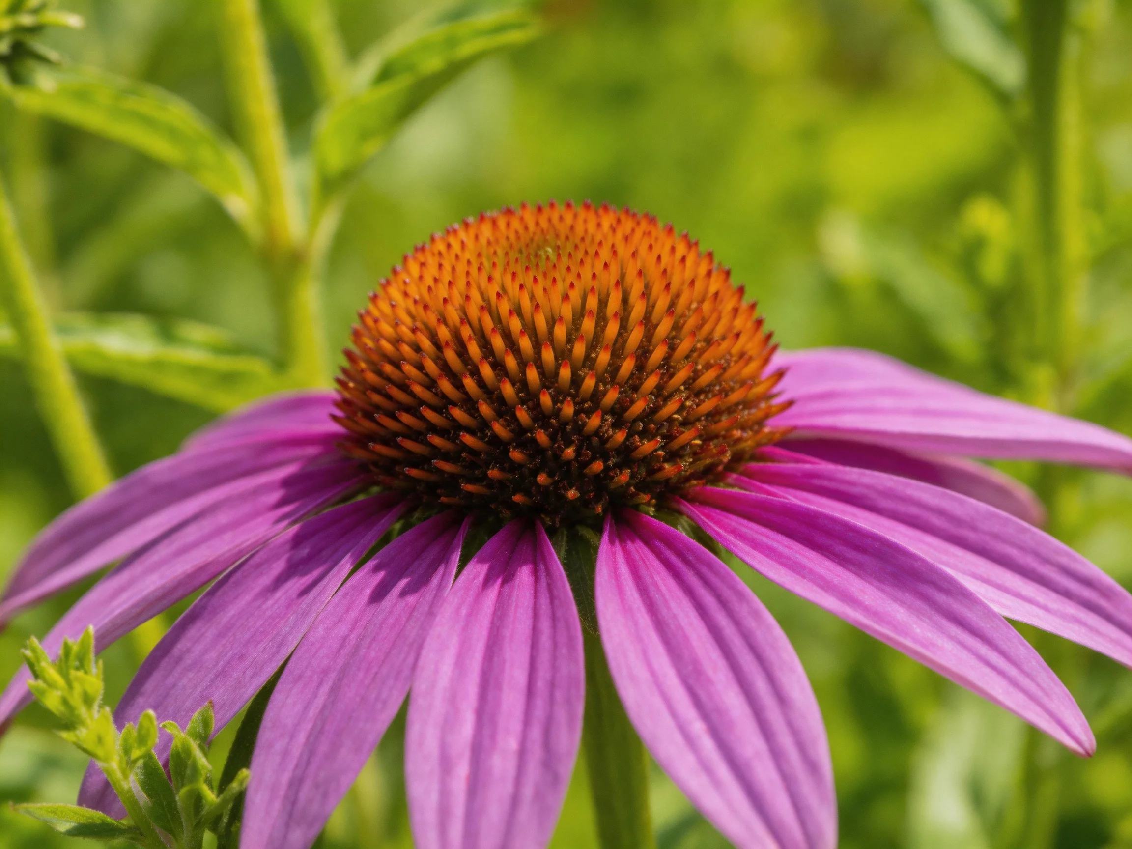A close - up of a coneflower with purple petals and spiky brown center