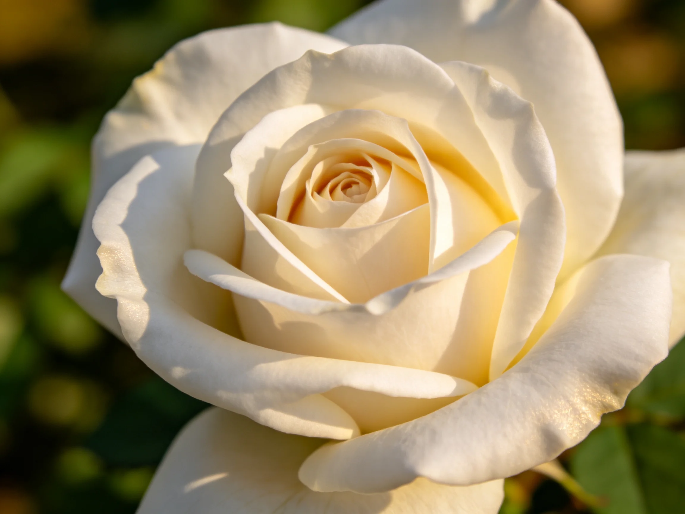 A close - up of a creamy white rose with layered petals