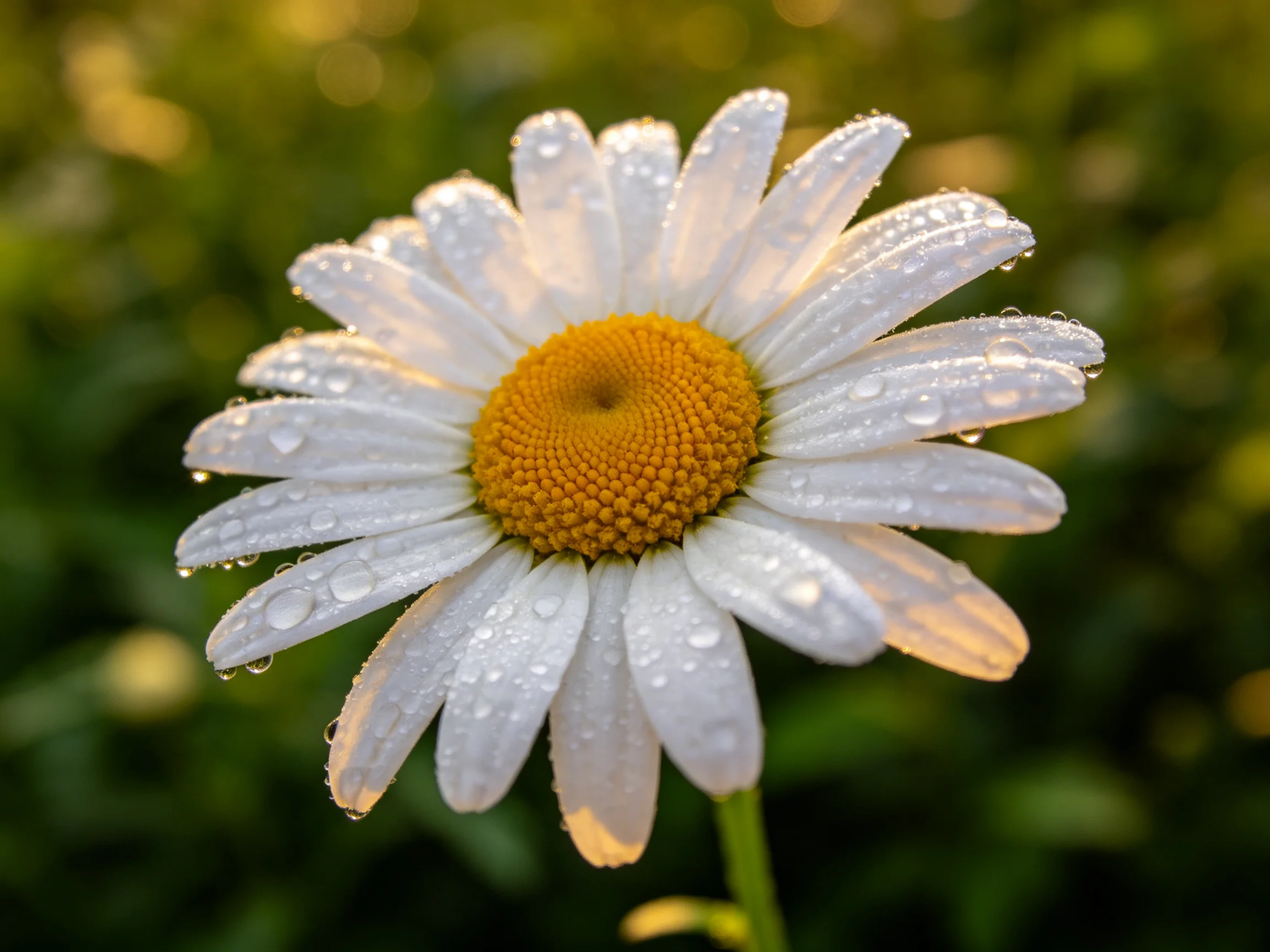A close-up of a daisy with dew drops on white petals and a golden center