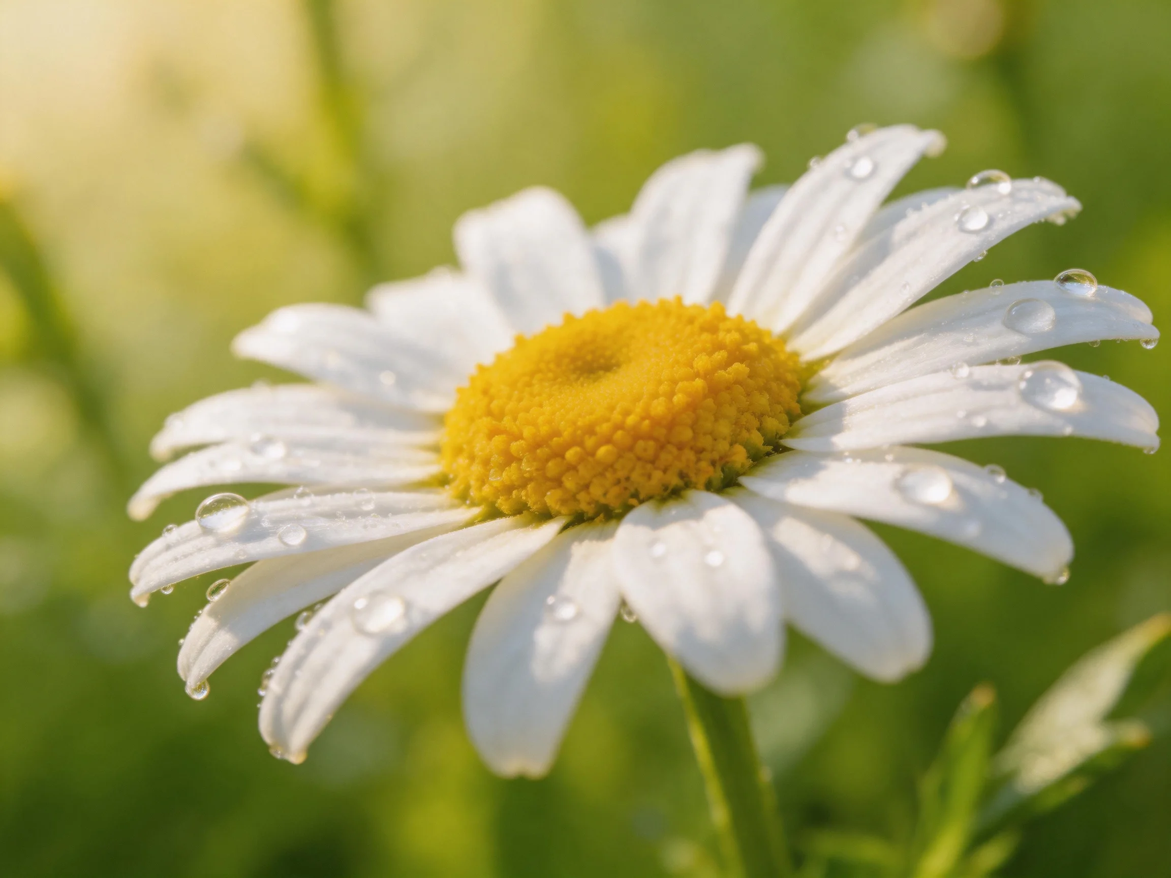 A close - up of a daisy with white petals and yellow center, adorned with water droplets