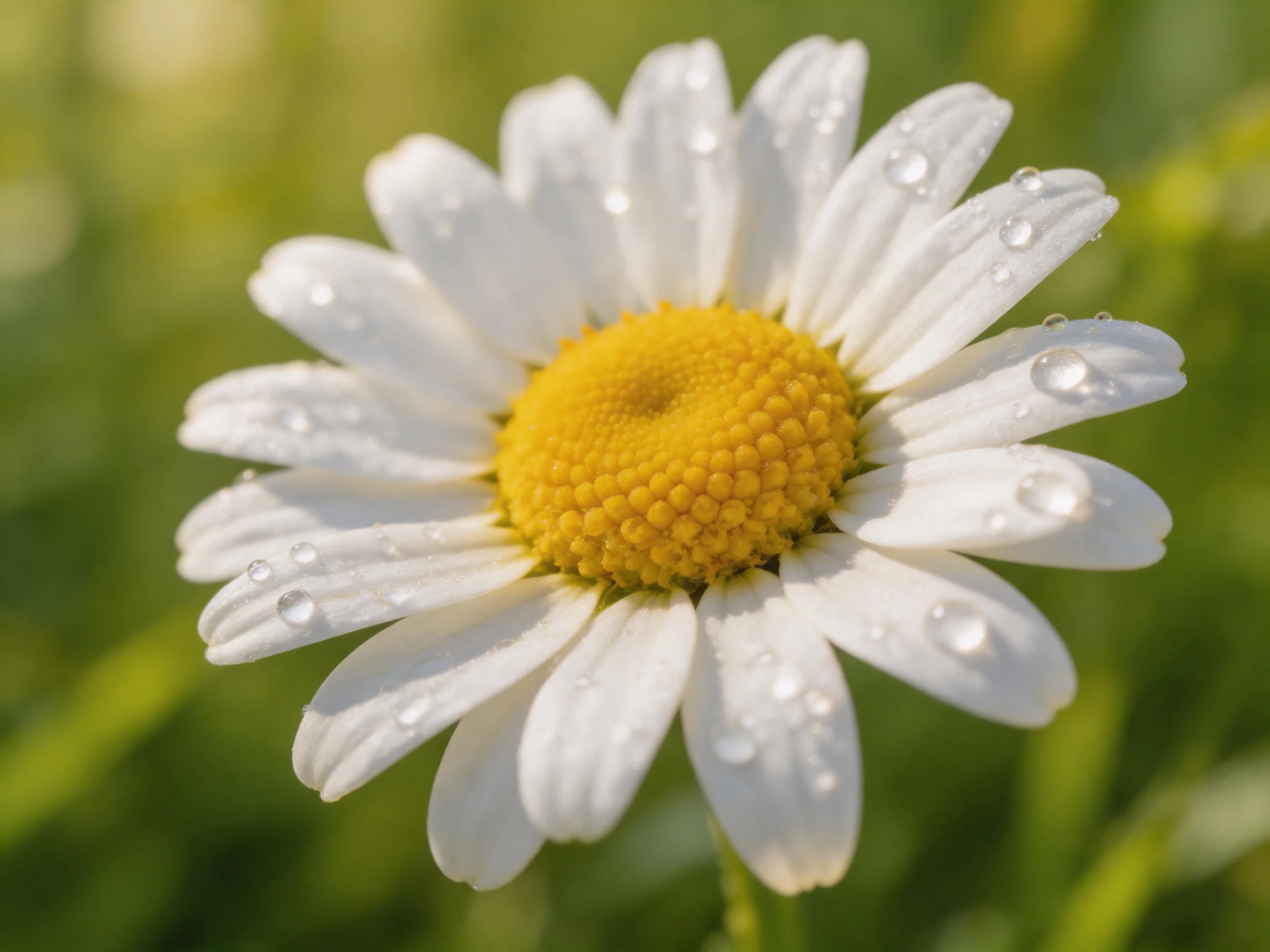 A close - up of a daisy with white petals and yellow center, adorned with water droplets