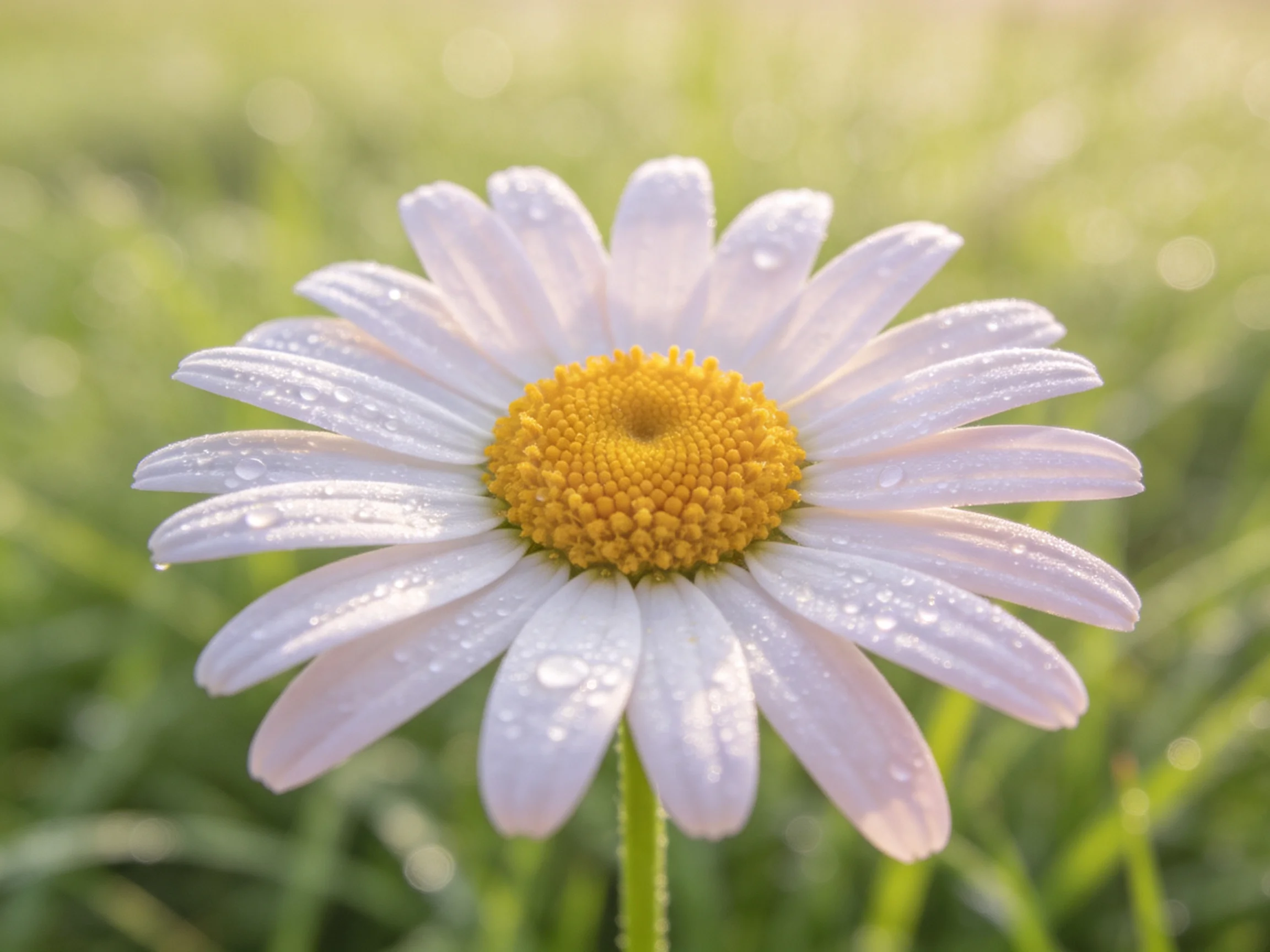A close - up of a daisy with white petals, yellow center, and dew droplets