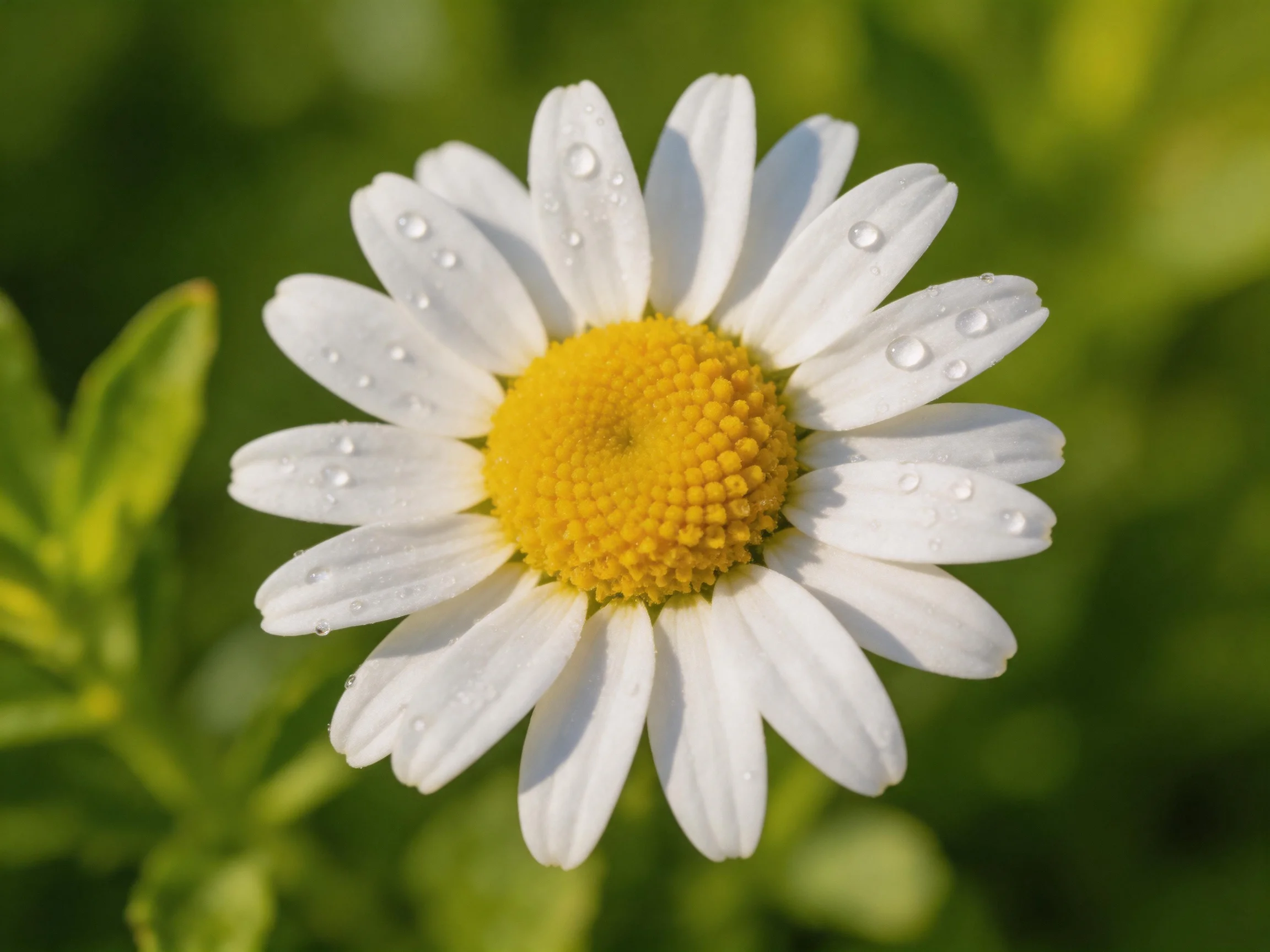 A close - up of a daisy with white petals, yellow center, and water droplets
