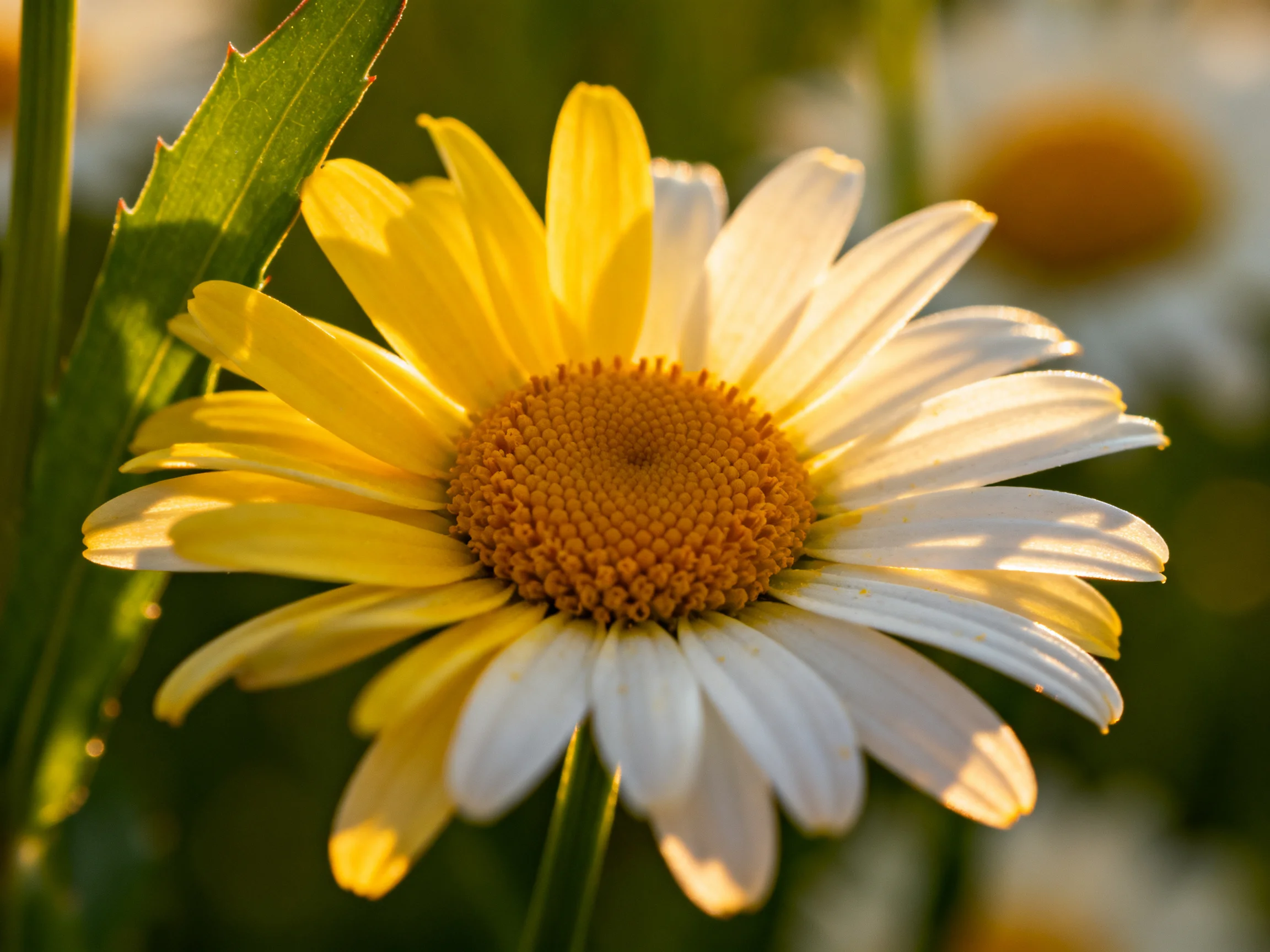 A close-up of a daisy with yellow and white