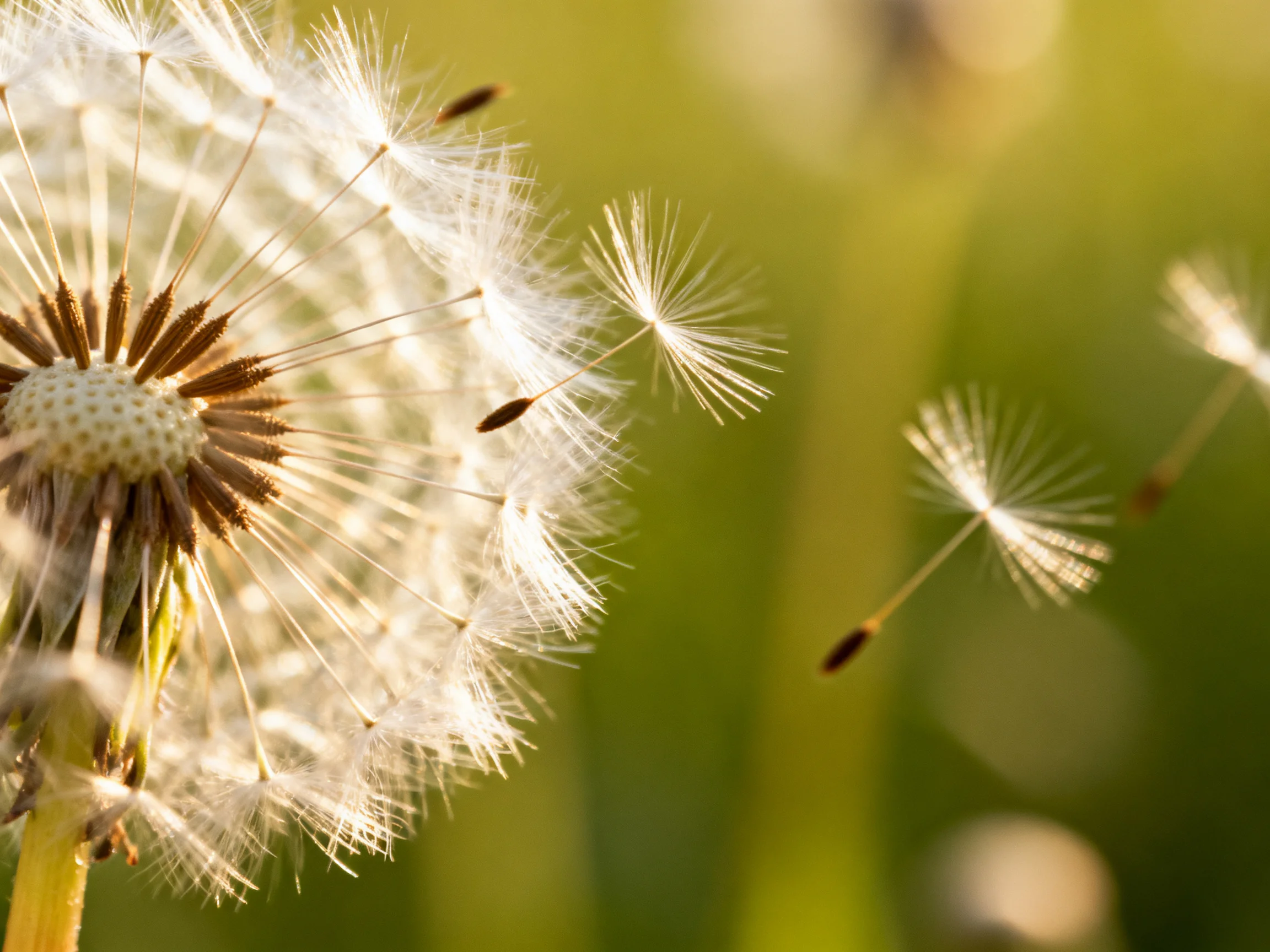 A close - up of a dandelion seed head with floating seeds against a green backdrop
