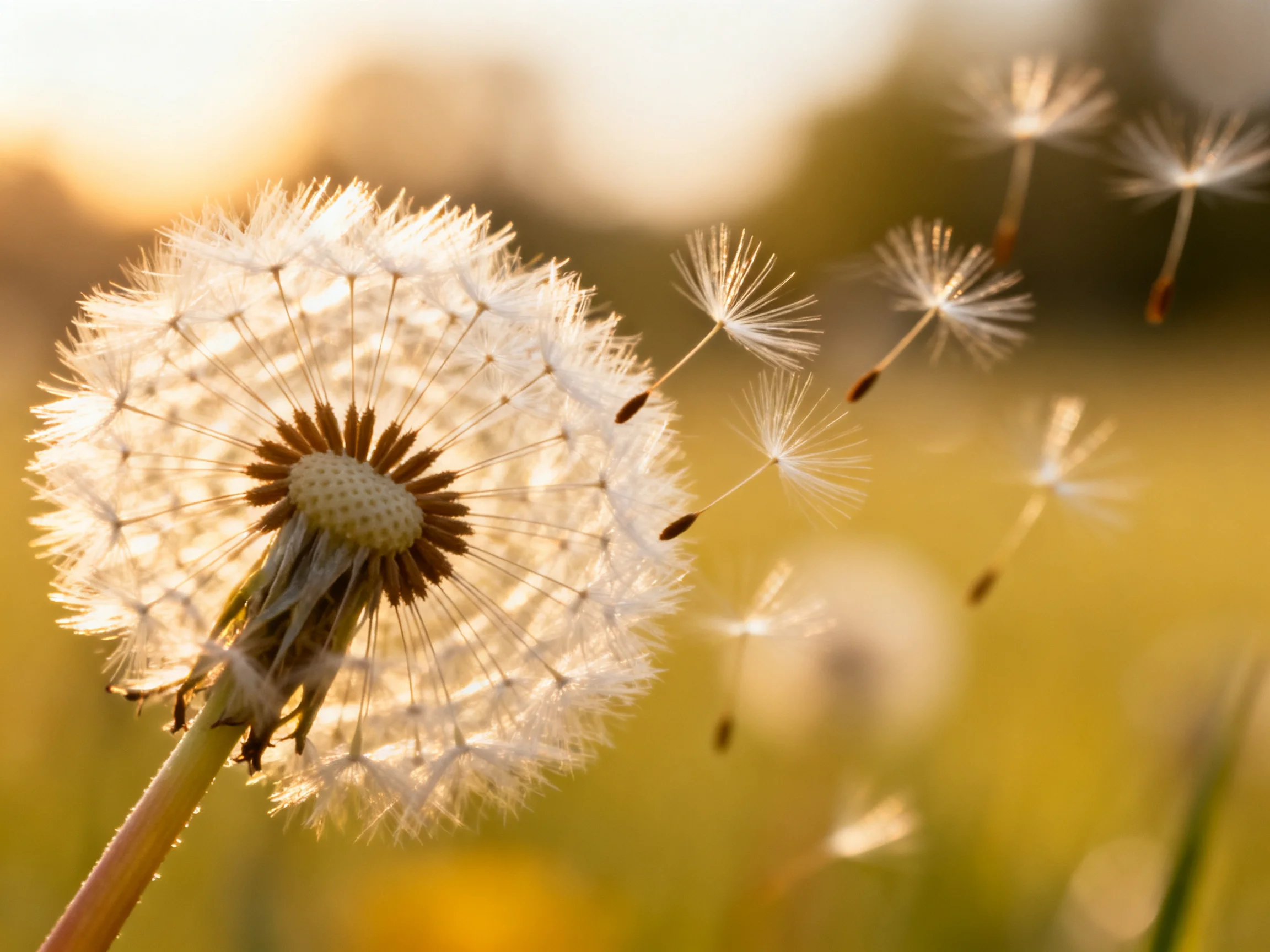 A close - up of a dandelion seed head with floating seeds in golden light