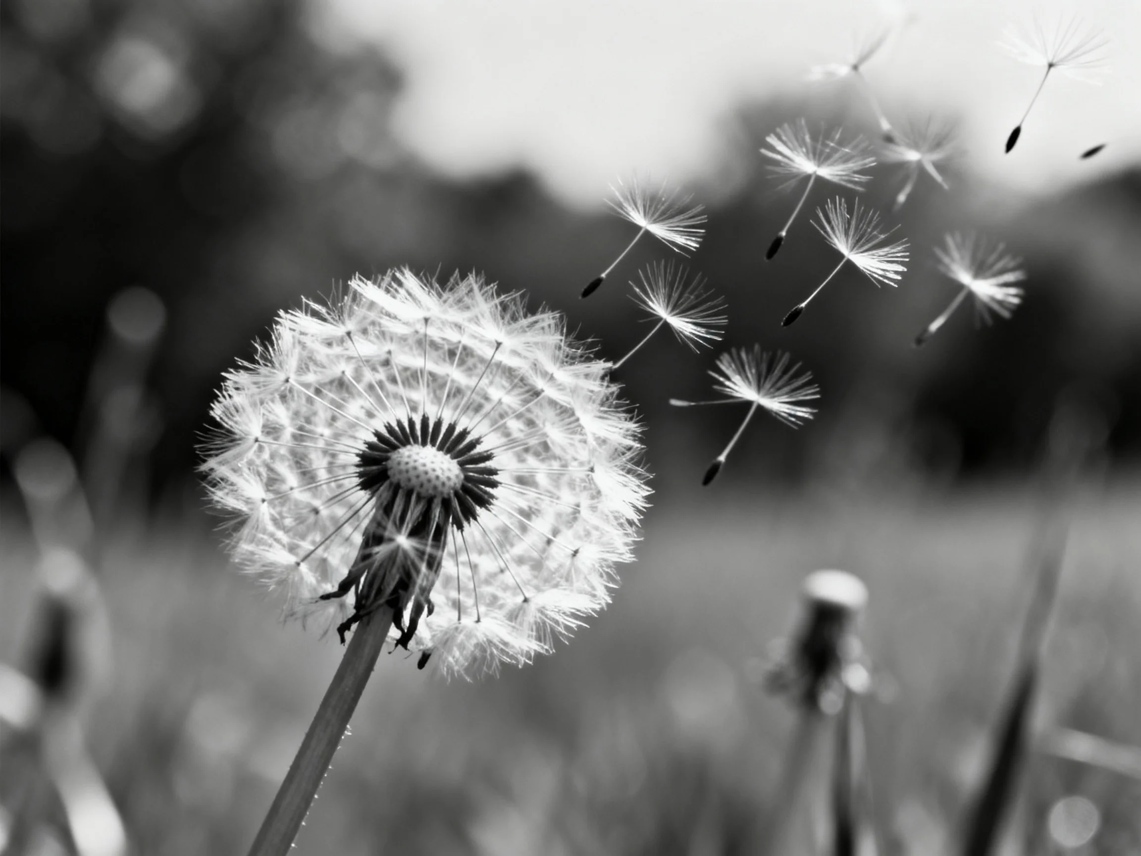 A close - up of a dandelion seed head with seeds floating away in monochrome
