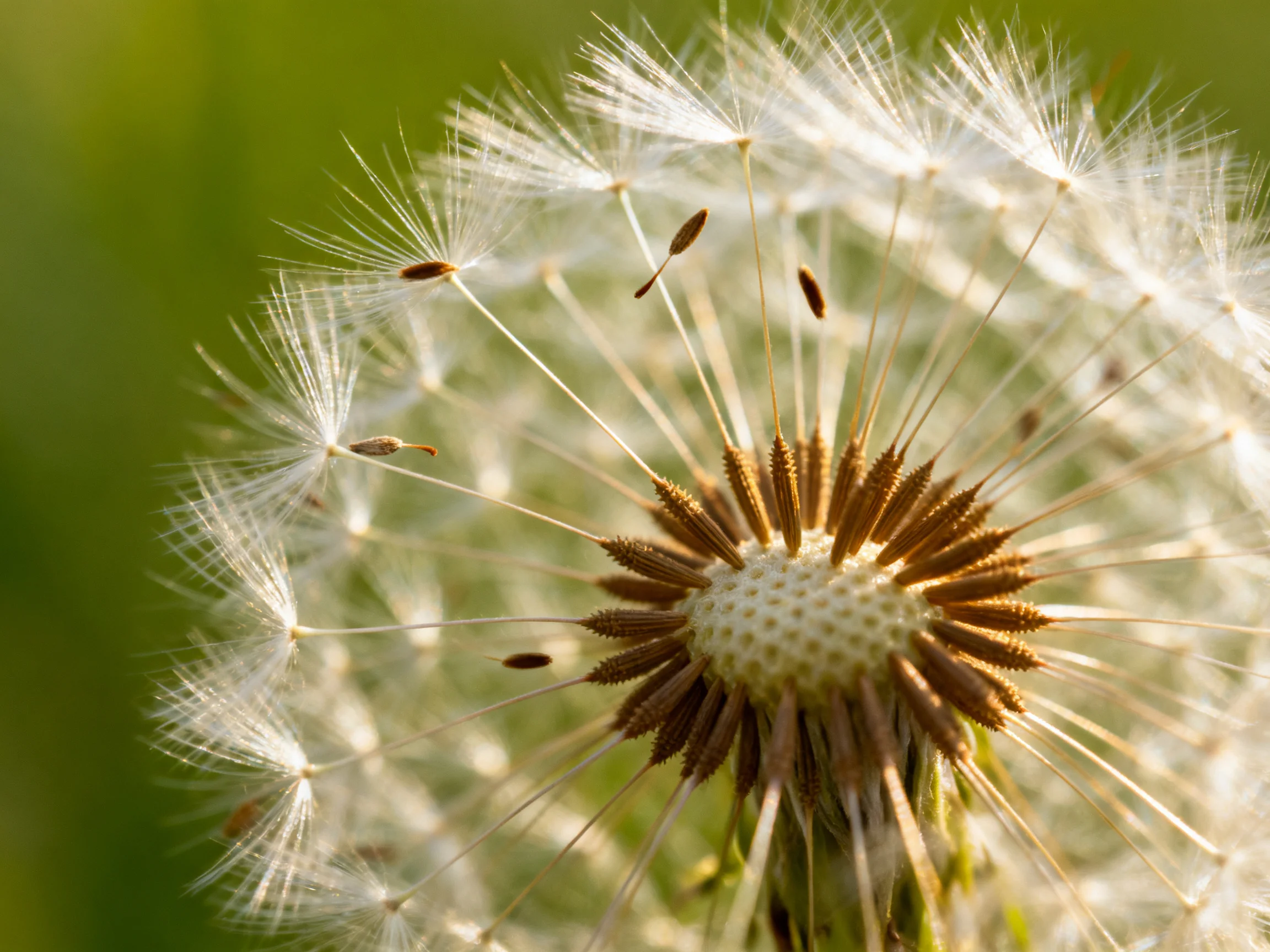 A close - up of a dandelion seed head with white filaments and brown centers
