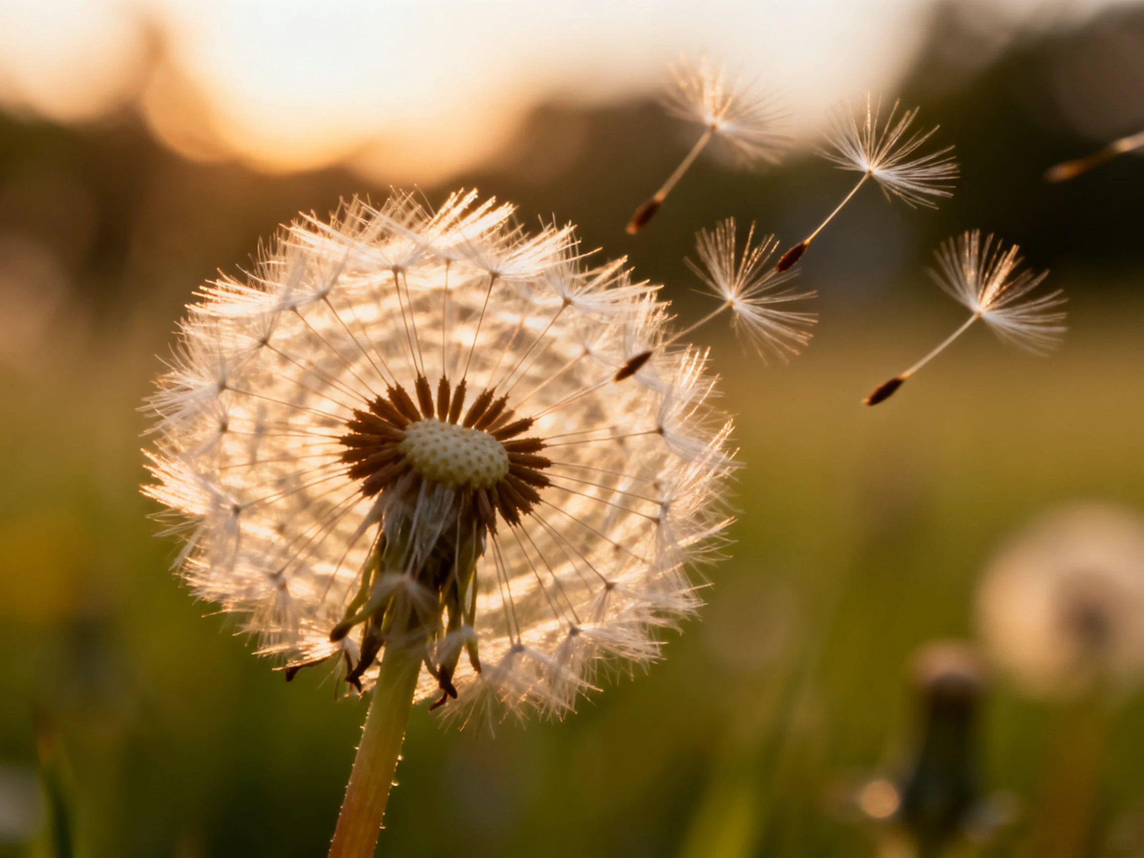A close - up of a dandelion with floating seeds during golden hour