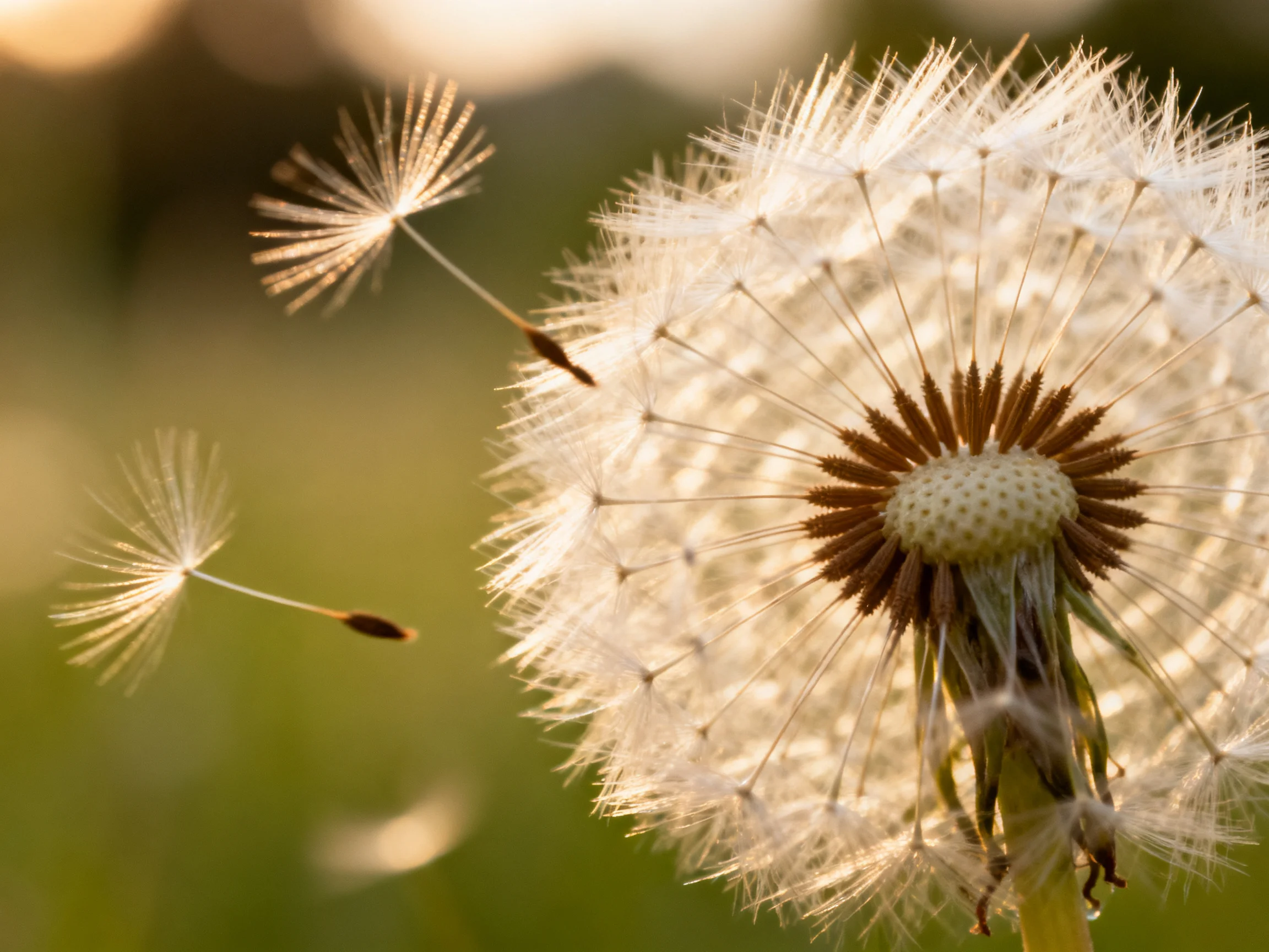 A close - up of a dandelion with two seeds floating away in golden sunlight