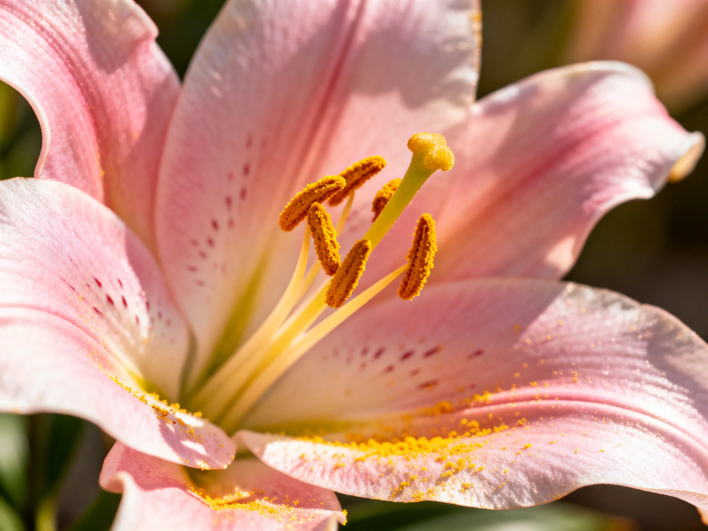 A close - up of a delicate pink lily with golden stamens