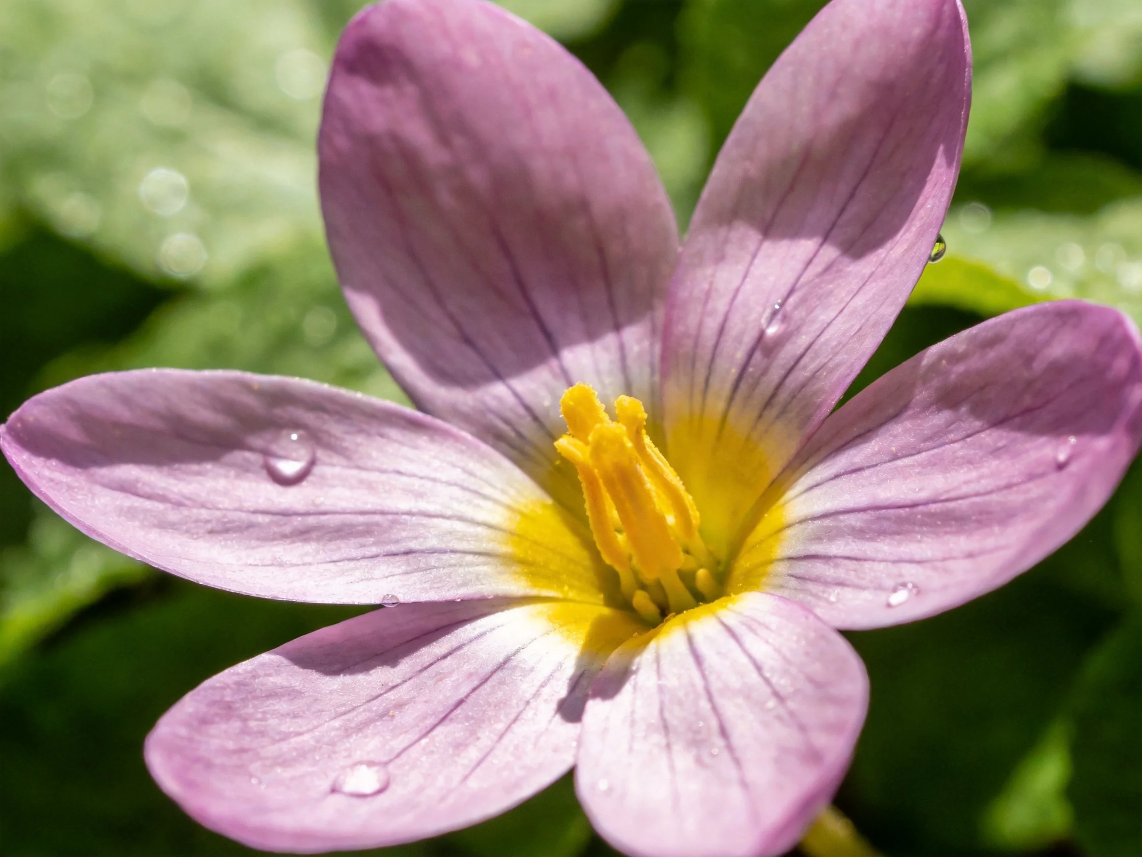 A close - up of a delicate purple flower with a bright yellow center