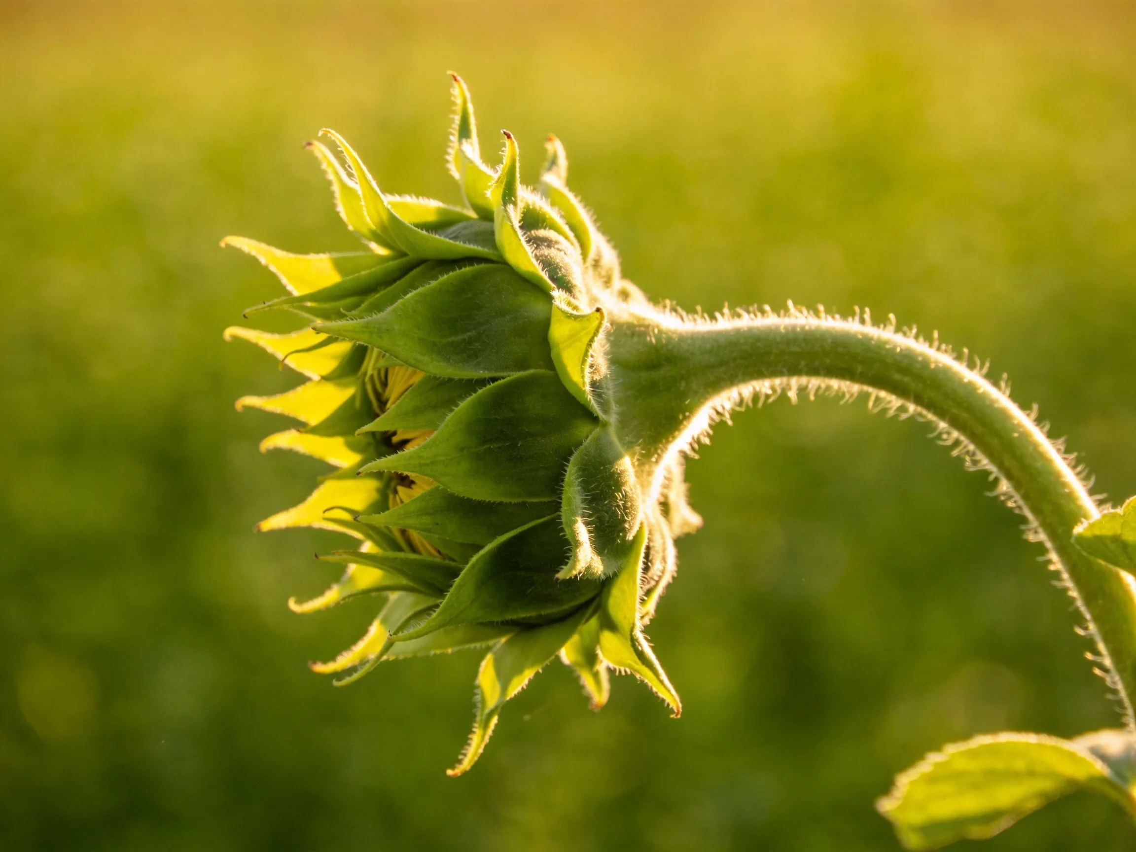 A close - up of a green sunflower bud with golden backlighting