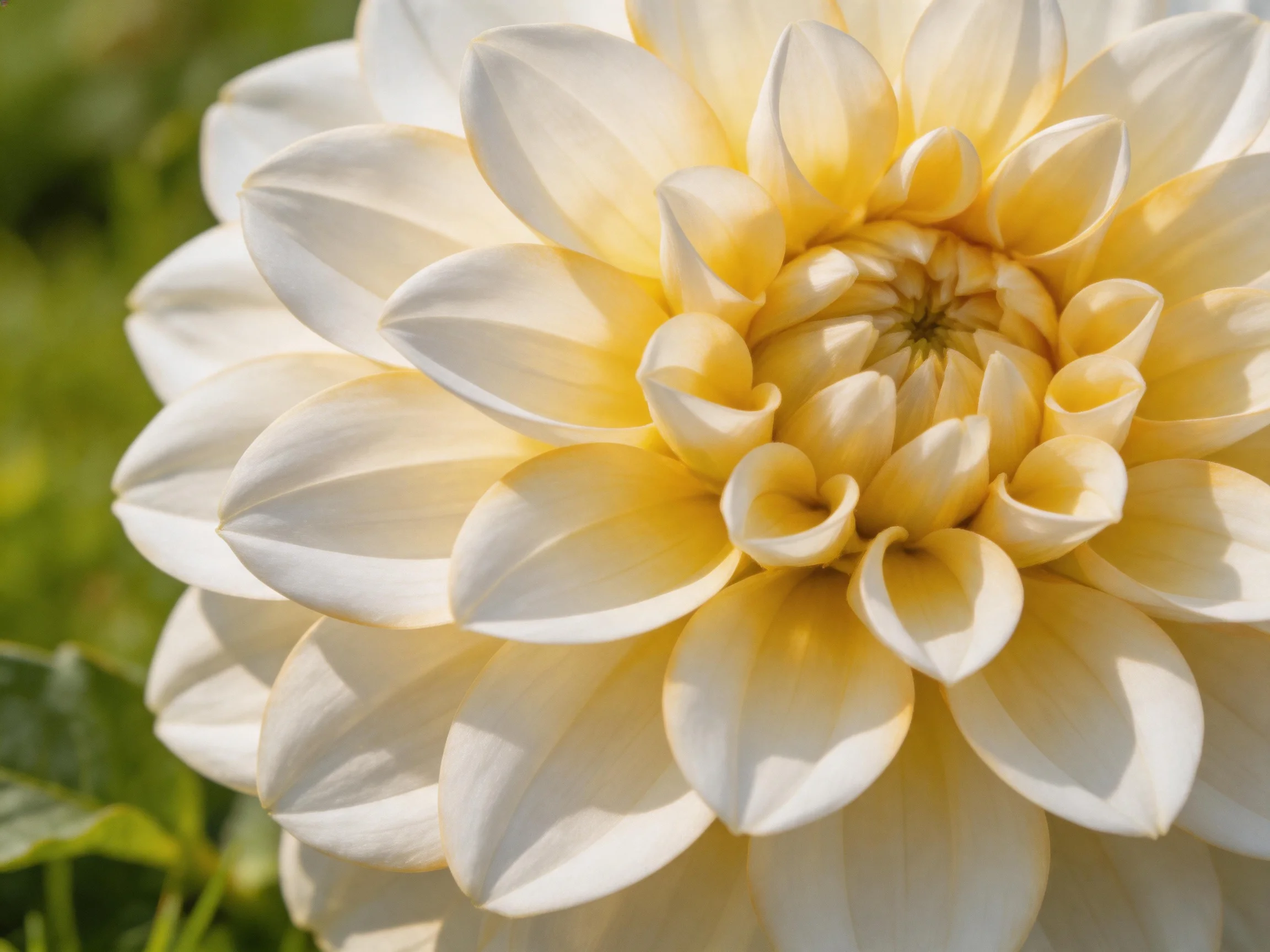 A close - up of a large white and golden dahlia with layered petals.