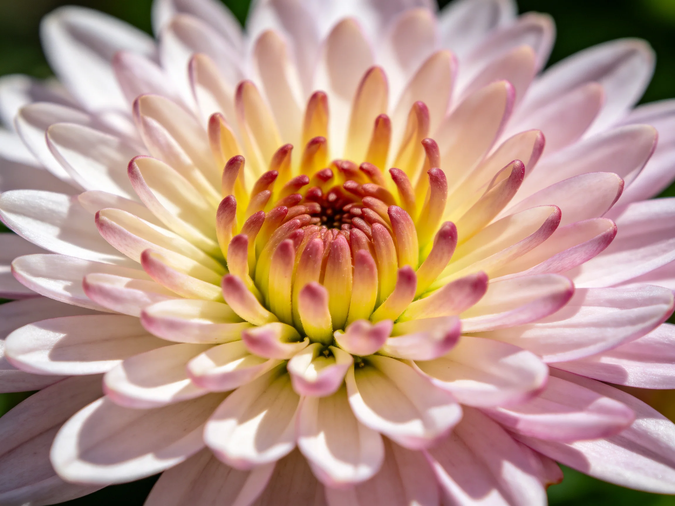 A close-up of a layered pink and white chrysanthemum with a yellow center