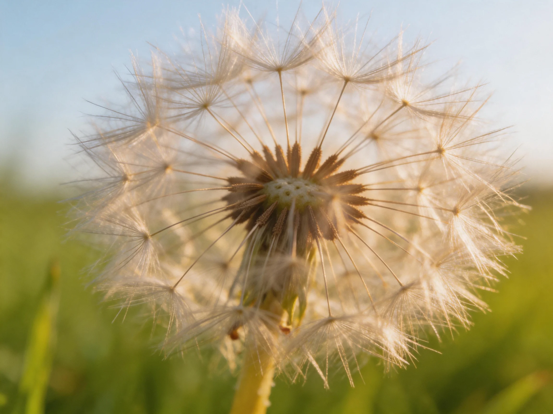 A close - up of a mature dandelion seed head against a blurred green field