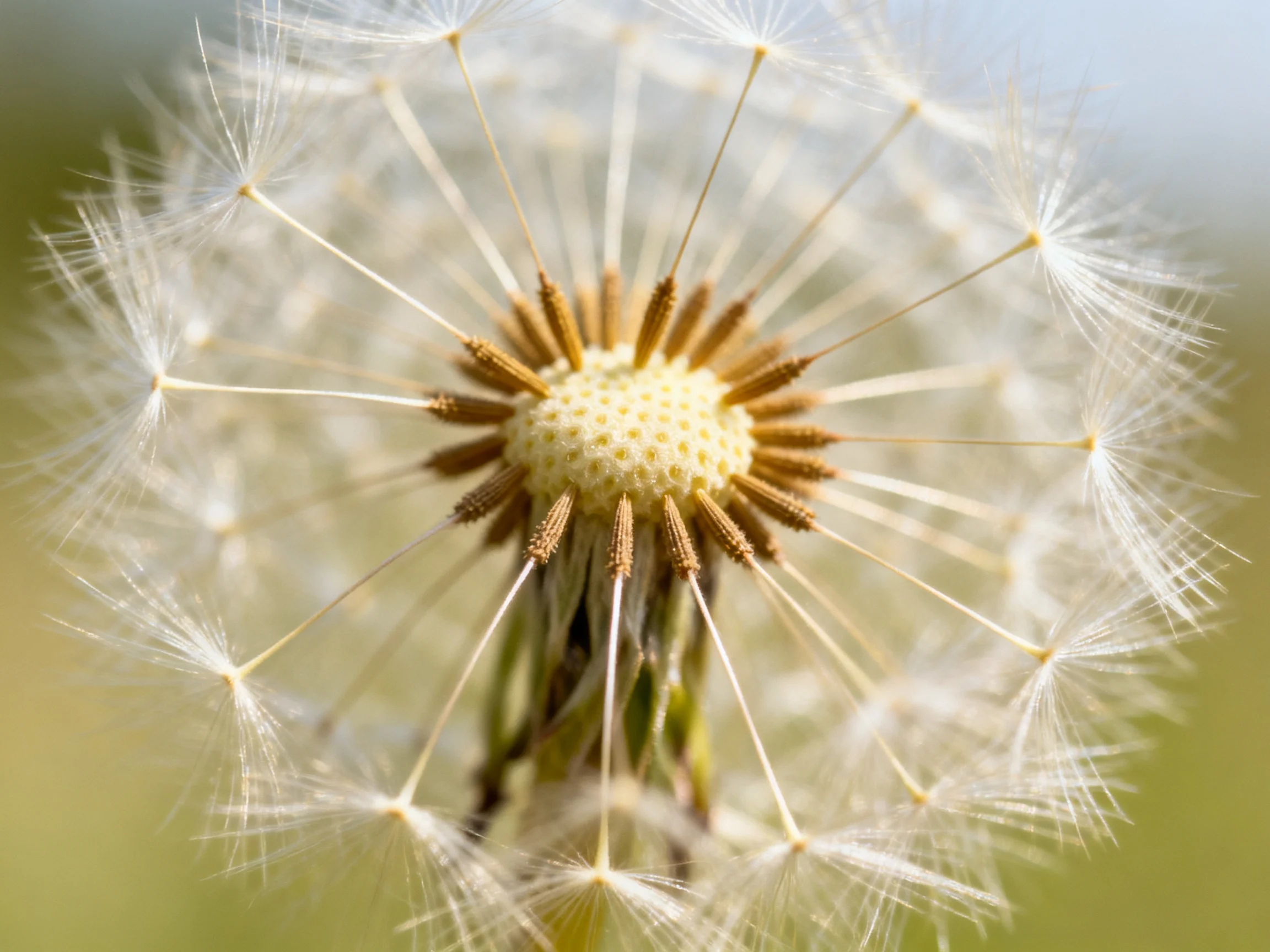 A close-up of a mature dandelion seed head with delicate white filaments