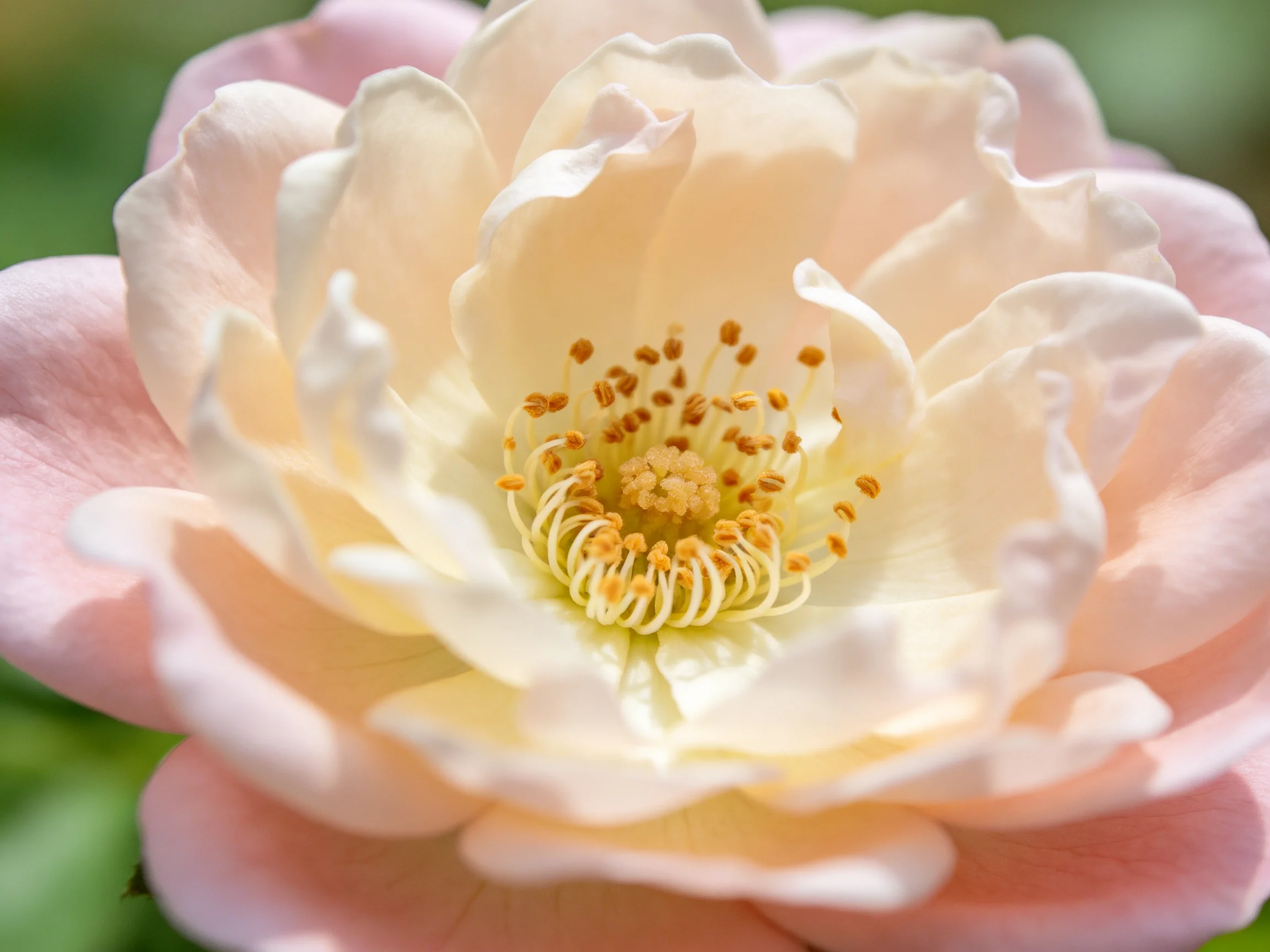 A close - up of a pink and cream rose with layered petals