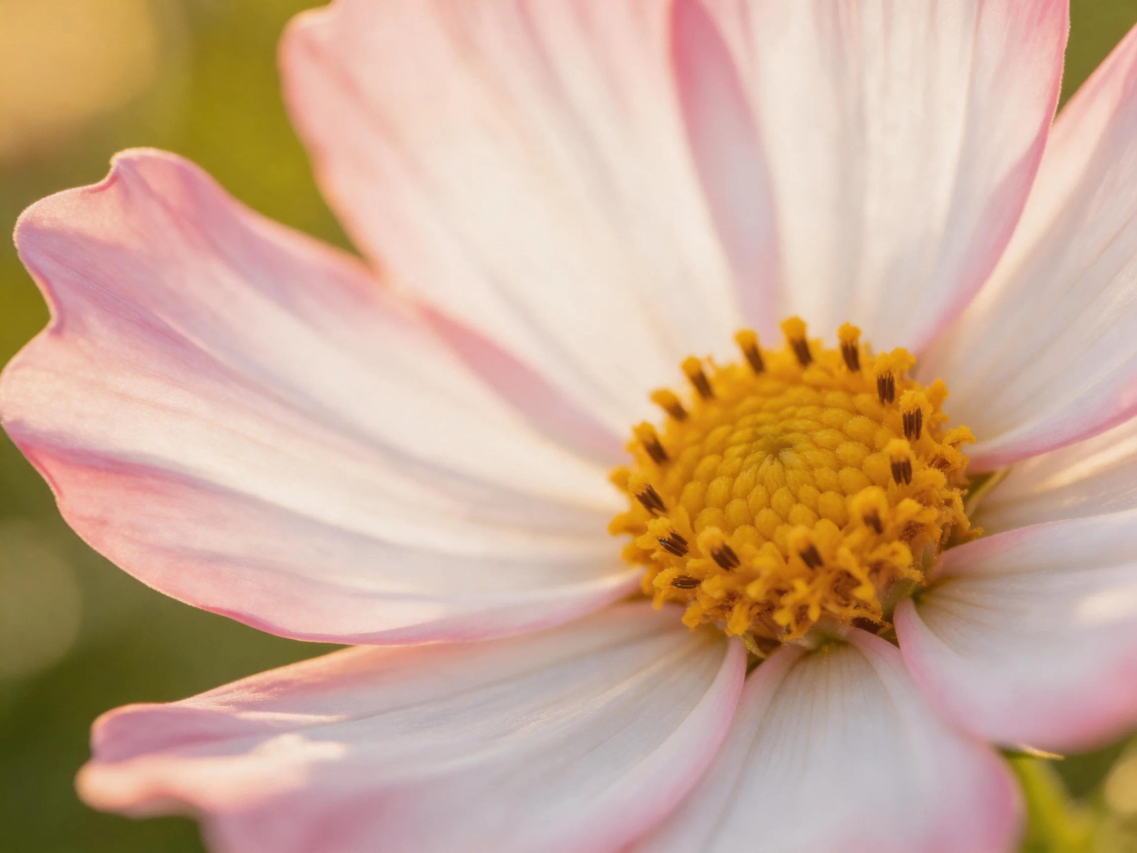 A close-up of a pink-and-white flower with a golden center