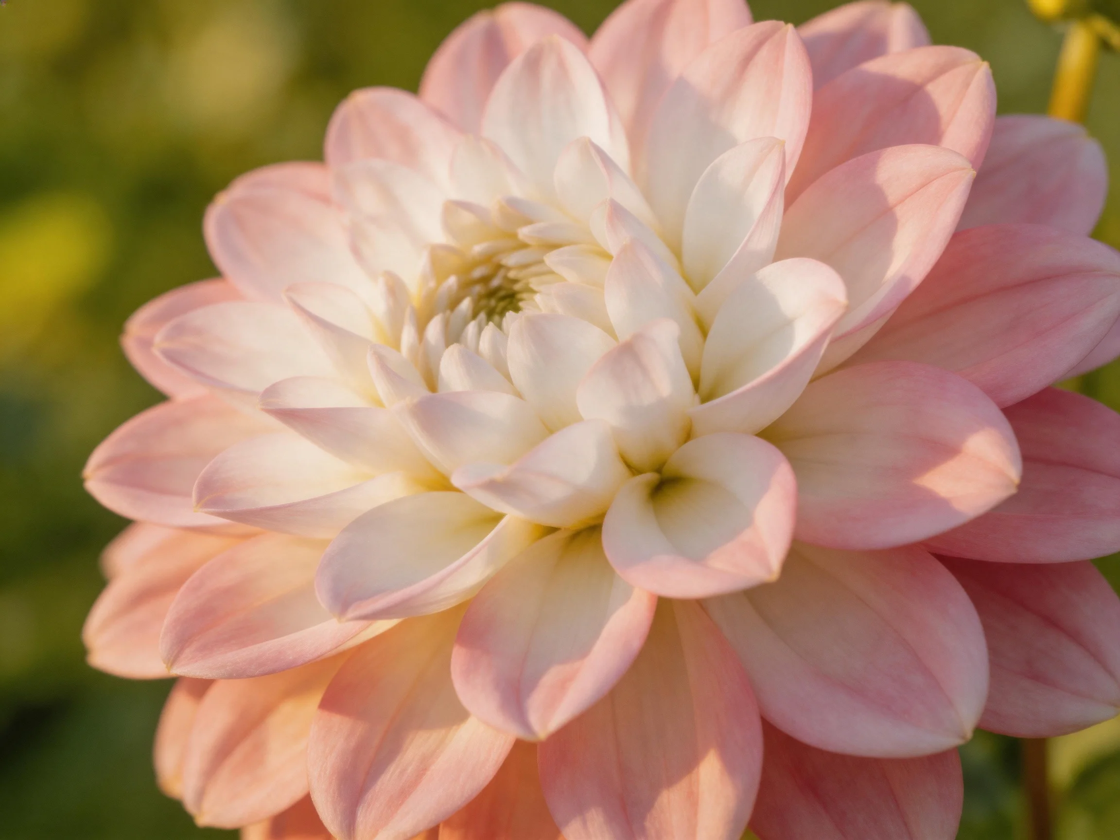 A close-up of a pink and white layered dahlia flower