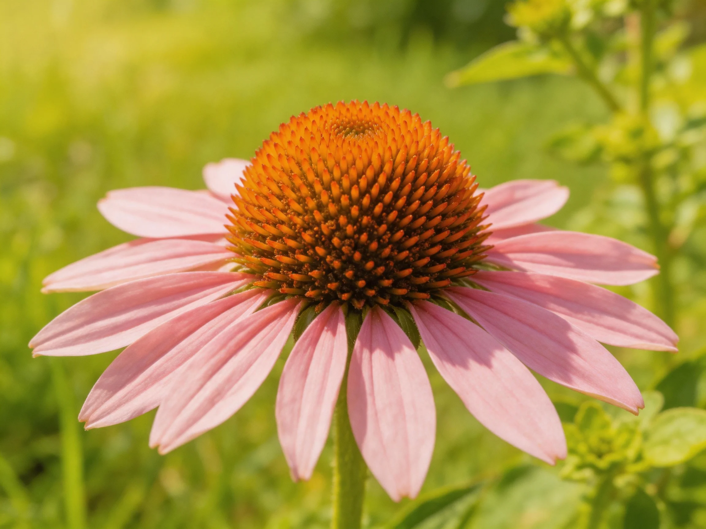 A close - up of a pink coneflower with an orange central cone