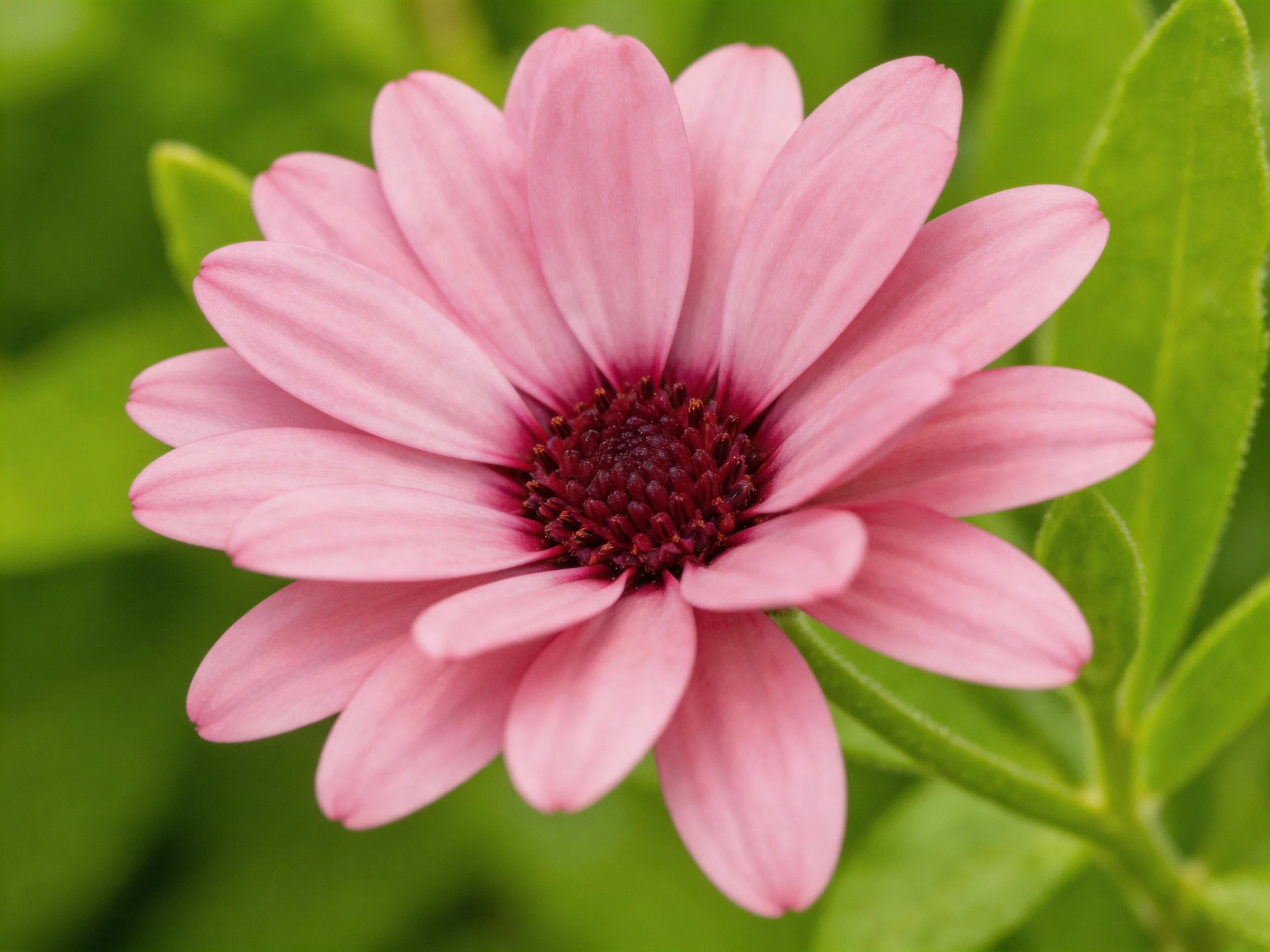 A close - up of a pink daisy with a deep